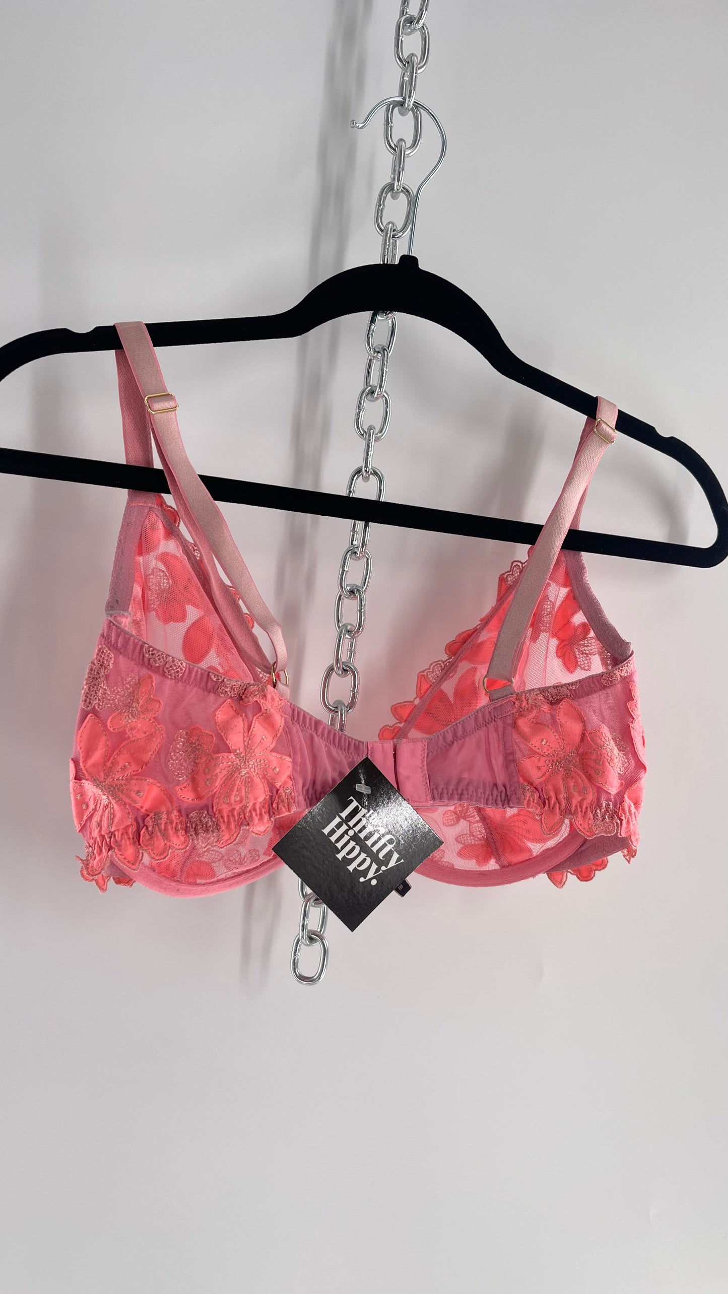 Vintage Victorias Secret Neon Pink Mesh Bra with Floral Appliqués (36DDD)