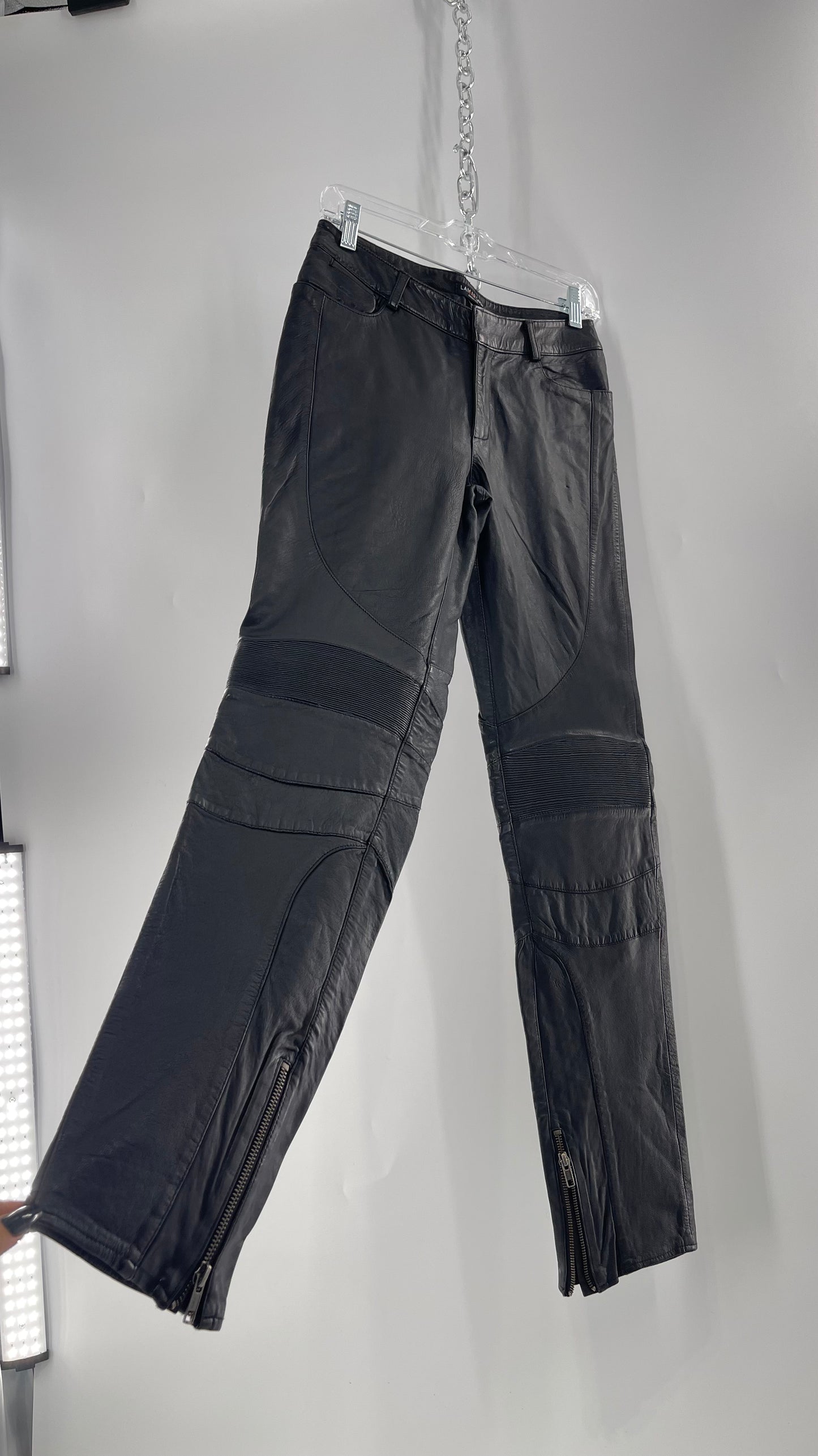 LAMARQUE 1990s Collection Vintage Black Leather Moto Style Pant with Panels, Ribbing and Zipper Details (6)