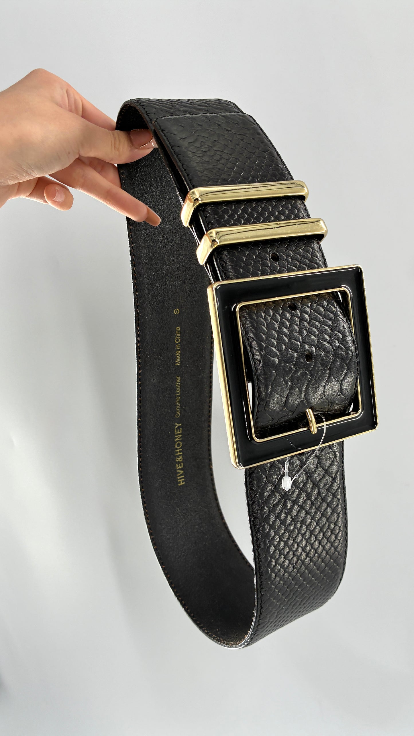 Vintage HIVE & HONEY Extra Wide Black Leather Belt with Oversized Square Buckle (Small)