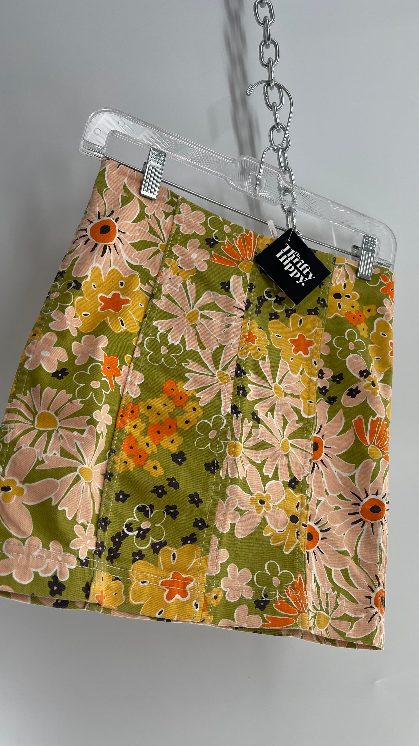 Free People Green Canvas Mini Skirt with 70s Style Floral Pattern (0)