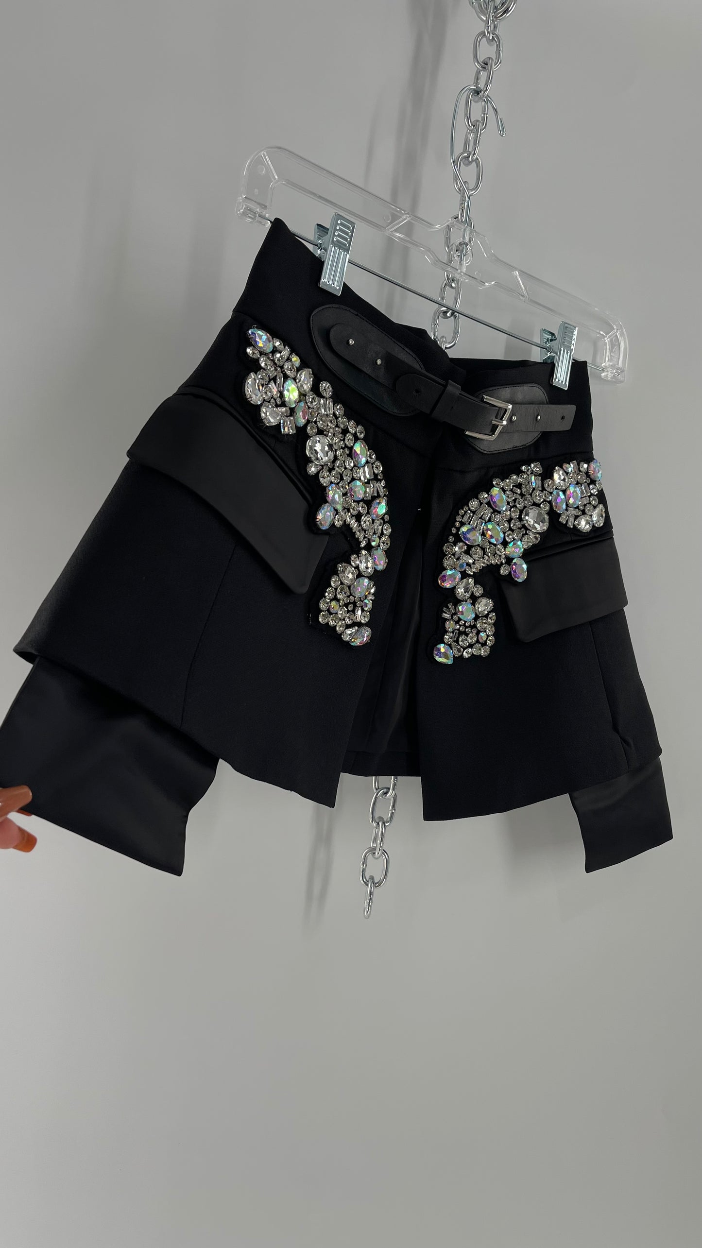 Black Skirt Belt Covered in Crystal Embellishments with Satin Flap Pockets (Medium)