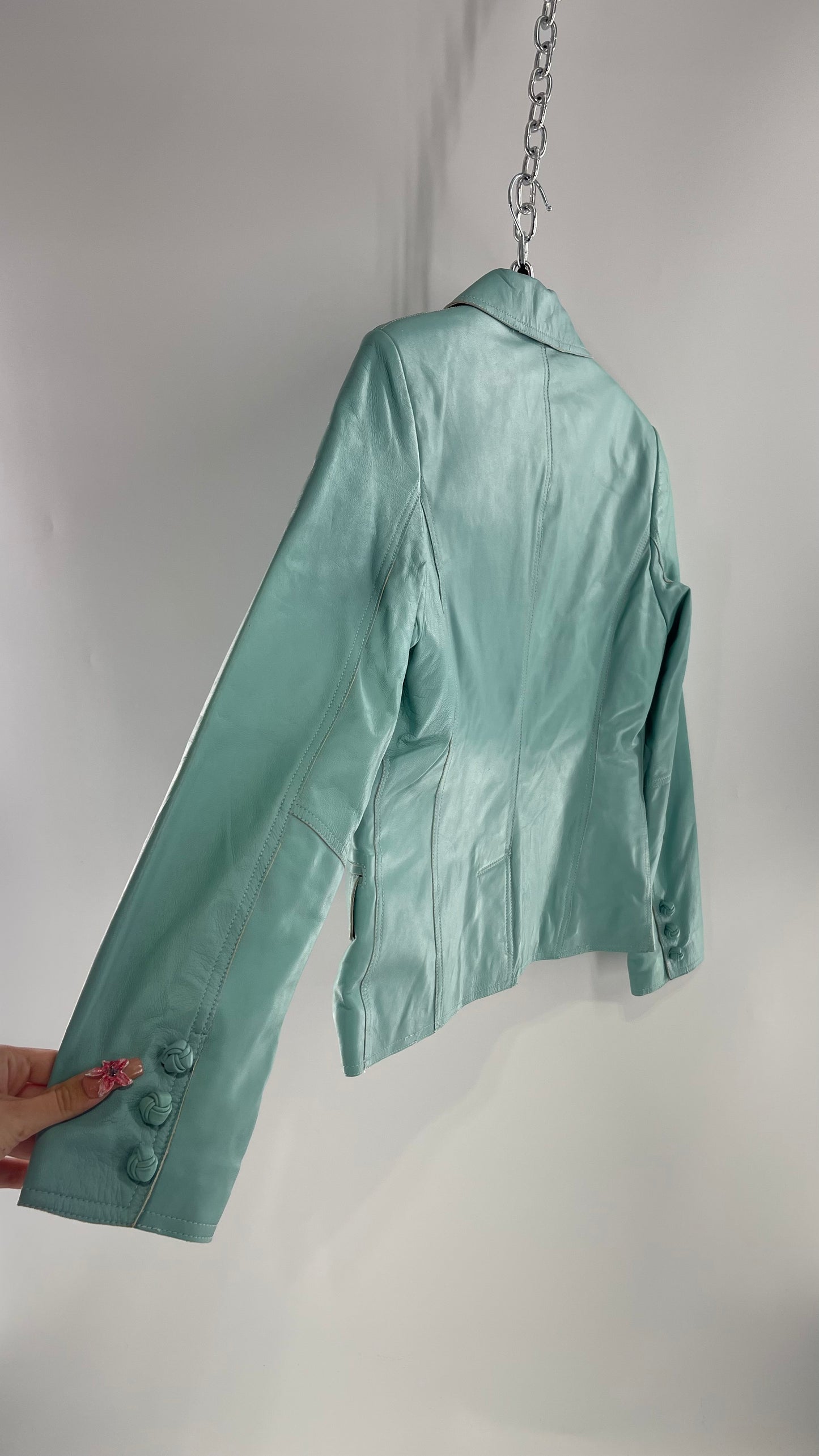 Vintage 1990s Pamela McCoy Eggshell/Tiffany Blue Leather Blazer Jacket (XS)