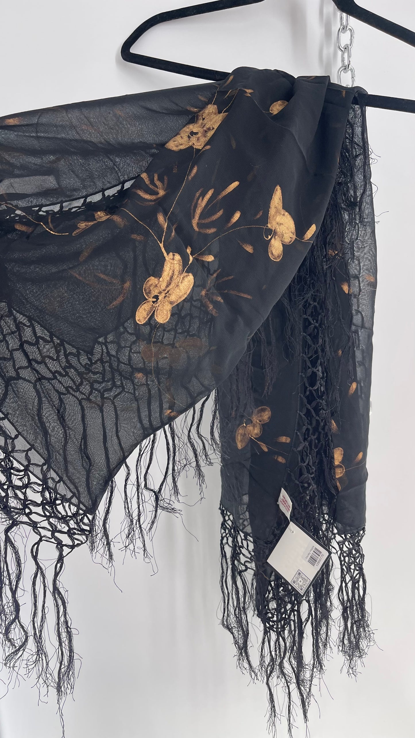 Vintage Black Fringe Scarf with Gold Painted Florals