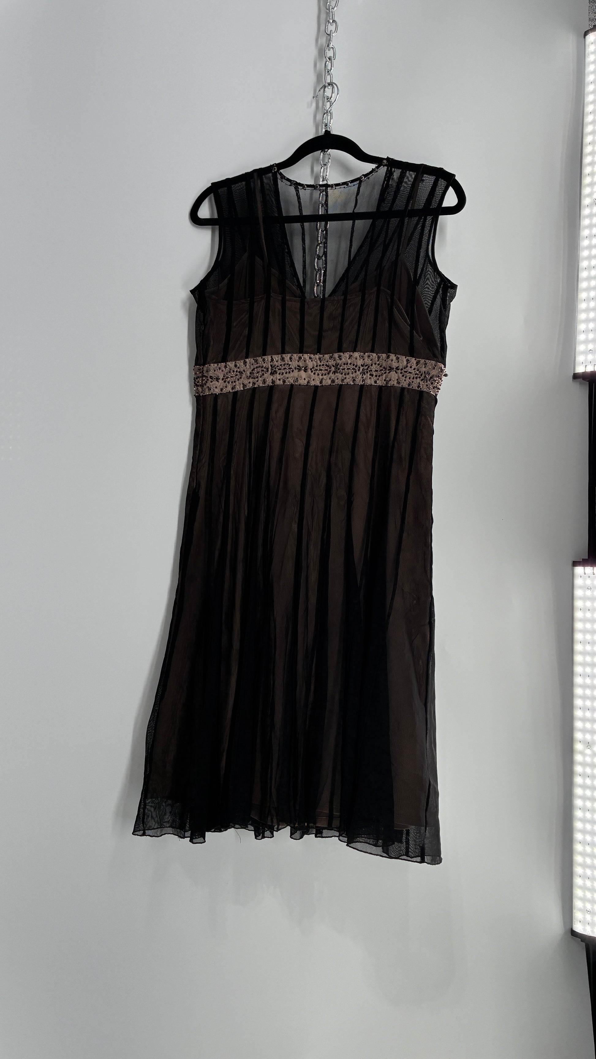 ECI NEW YORK Nude Camisole Dress with Black Mesh Overlay and Beaded De The Thrifty Hippy ECI NEW YORK Nude Camisole Dress with Black Mesh Overlay and Beaded De The Thrifty Hippy