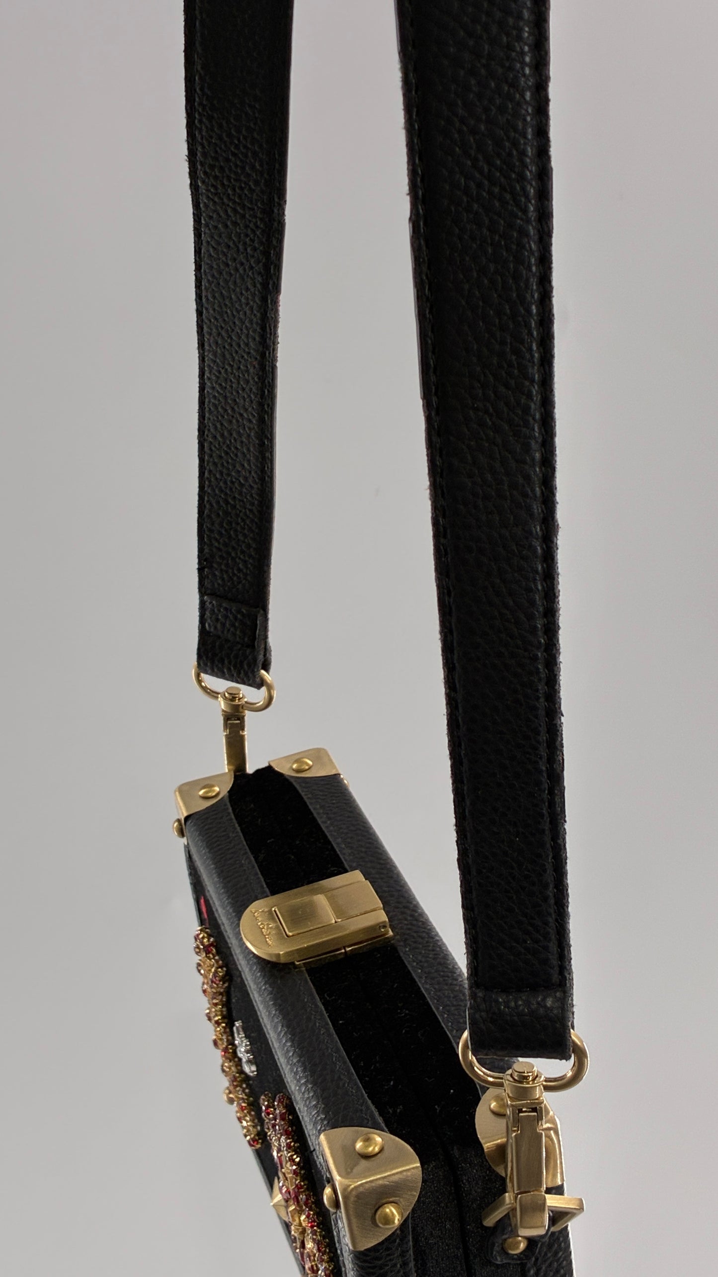 Vintage Sam Edelman Black Leather and Velour Box Case Purse with Gold Hardware and Celestial Beading