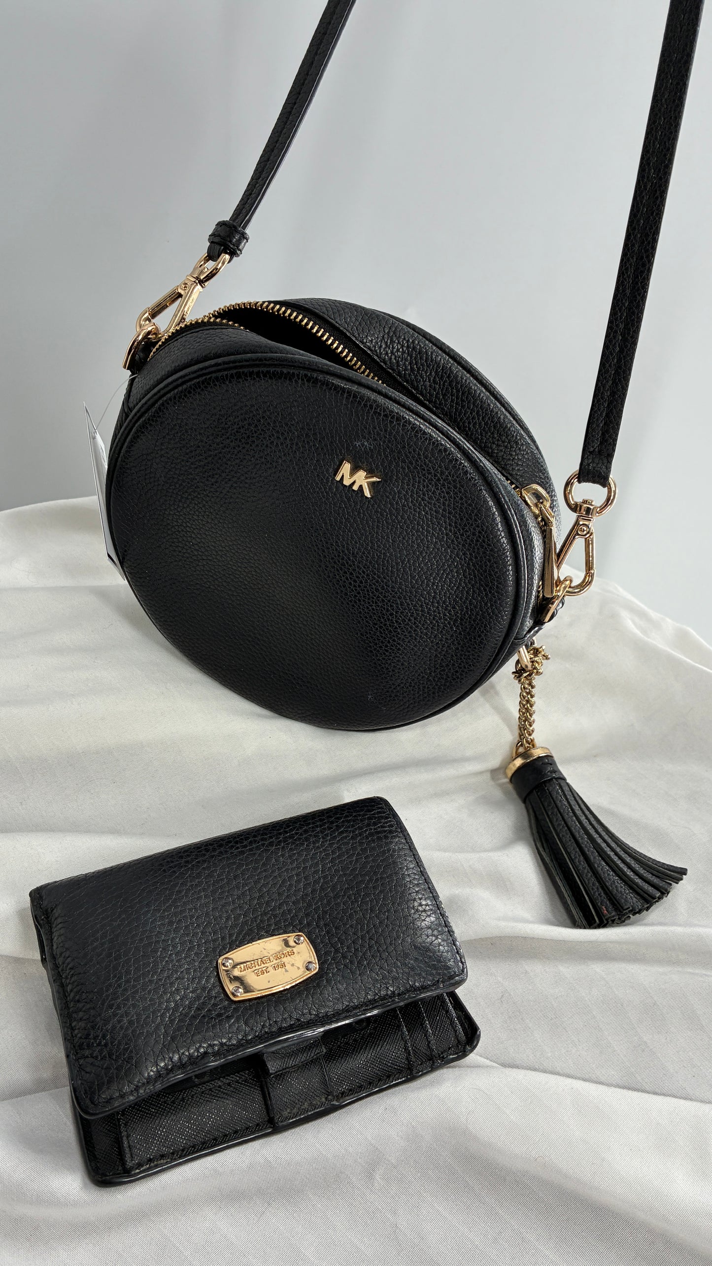 Michael Kors Black Round Crossbody Purse and Matching Wallet