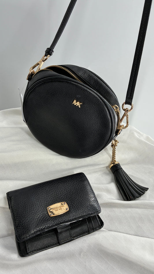 Michael Kors Black Round Crossbody Purse and Matching Wallet