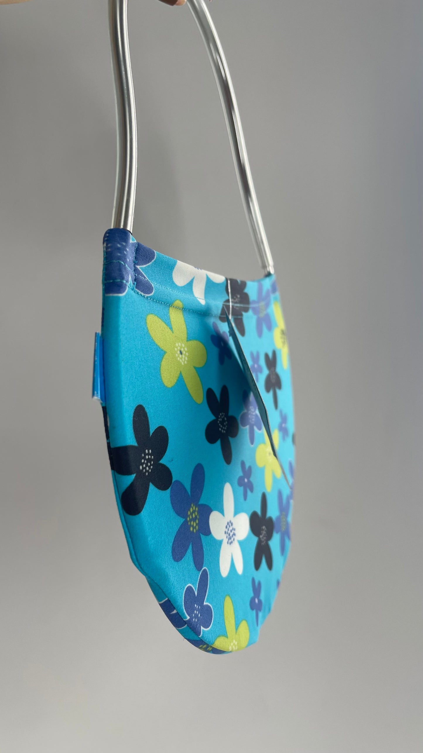 Vintage VALDESIGN Half Circle Blue Floral 2D Hand Bag with Metal Abstract Handbag