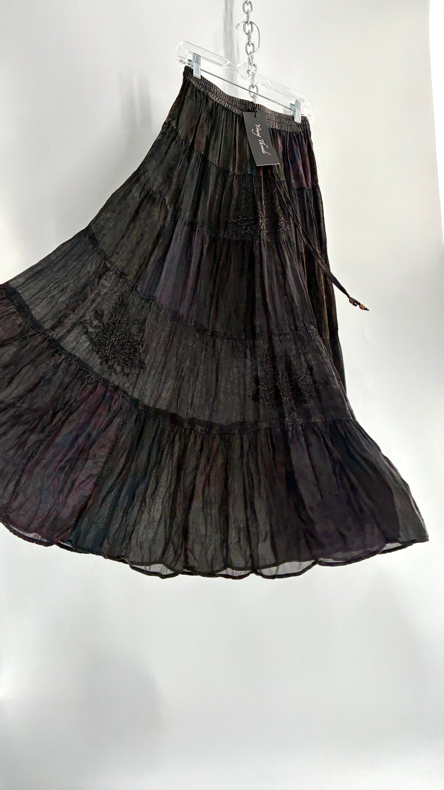 Deadstock Vintage Young Threads Charcoal Patchwork Maxi Skirt with Embroidered Details (Small)