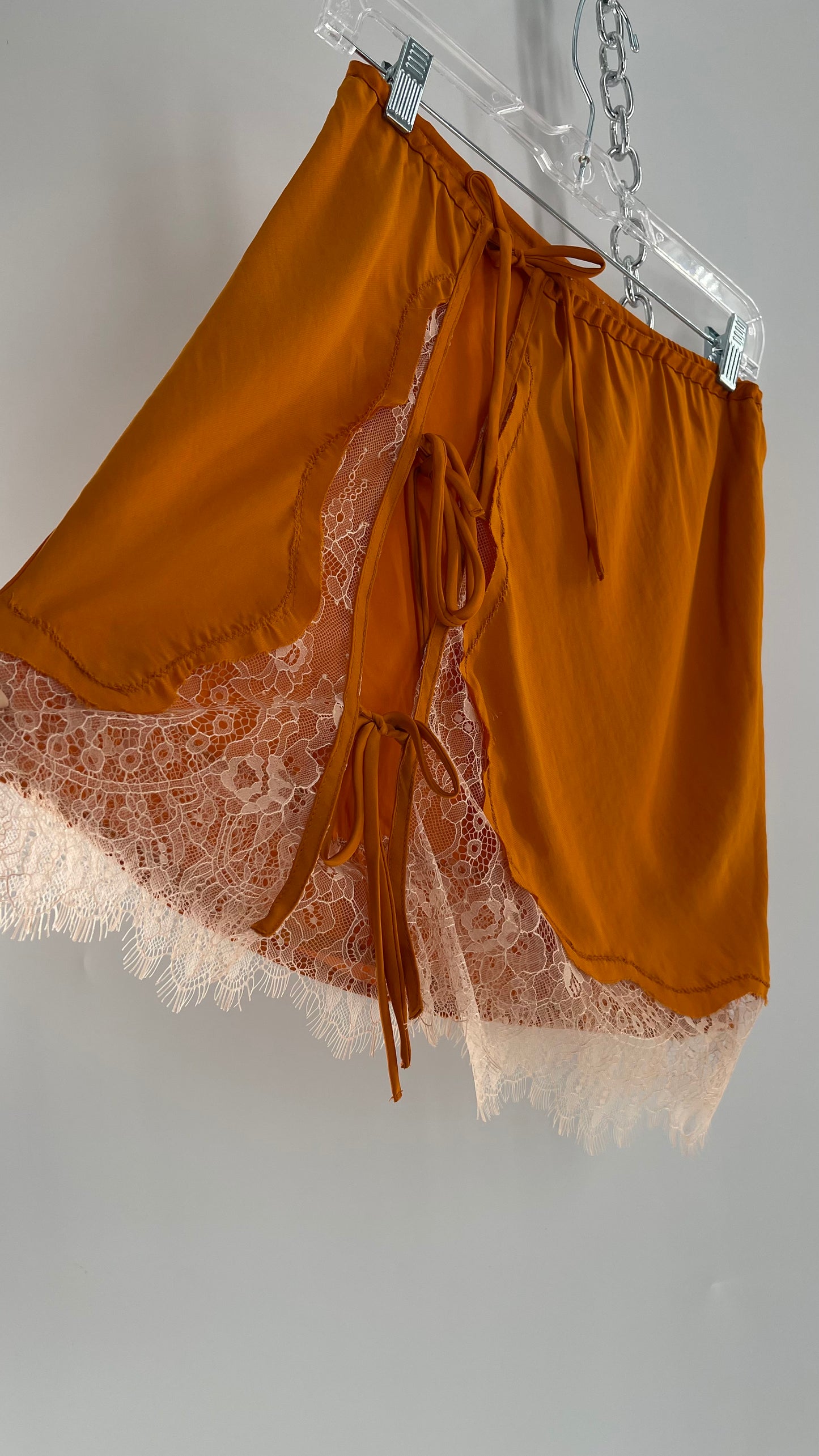 Free People Orange Lace Trim Silky Mini Skirt (Medium)