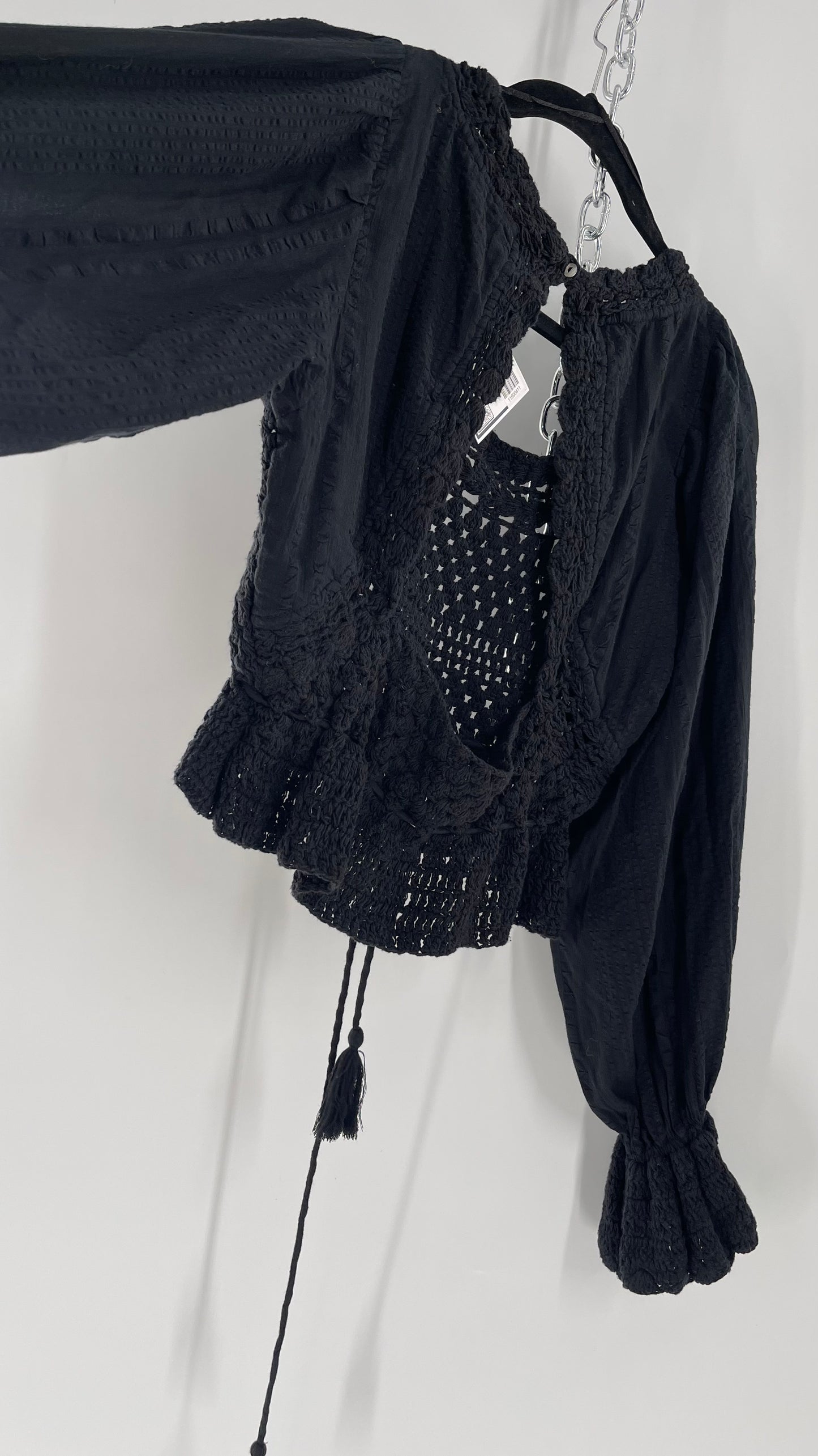 Free People Black ‘Megan’ Woven Macrame Crochet Cropped Blouse with Balloon Sleeves and Flared Cuffs (XS)