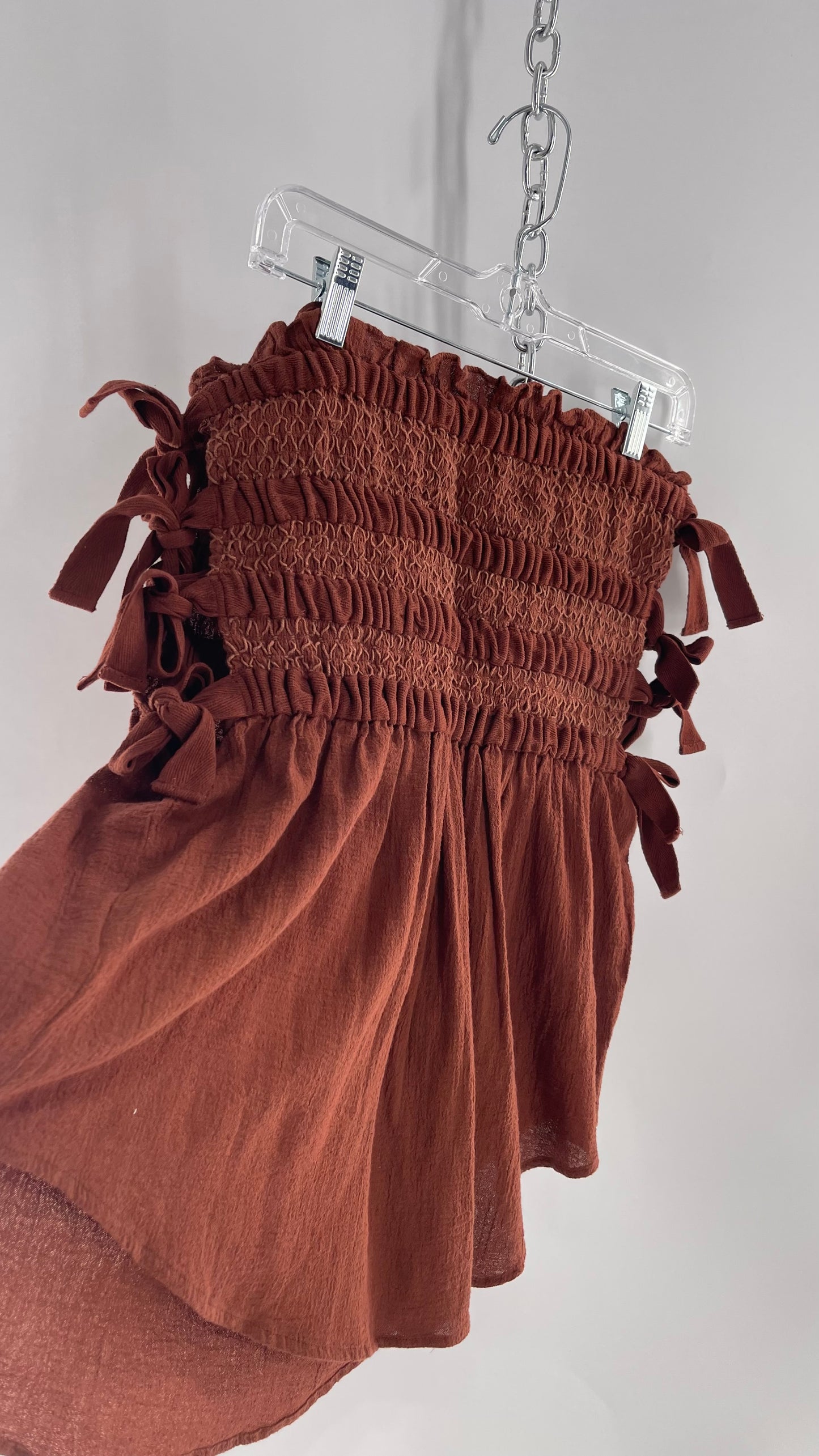 Free People Jen’s Pirate Booty Terracotta Brown Tie Side Ruched/Smocked Tube Tank with Tags Attached (Medium)