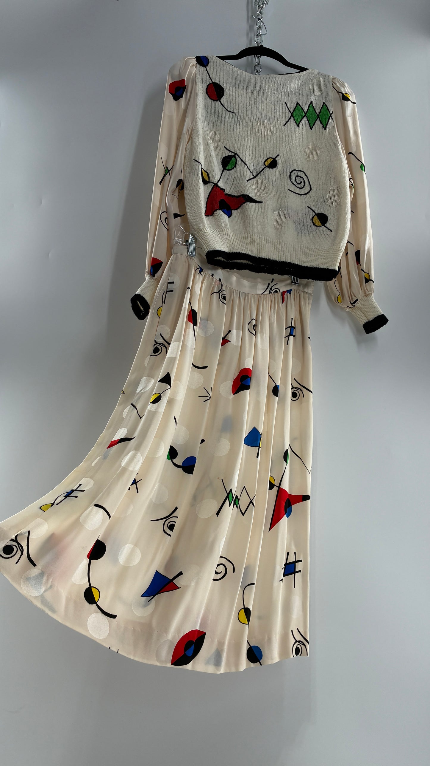 Vintage 1980s UMI collections by Anne Crimmins Off White 2 Piece Set with Abstract Embroidered Designs and 100% Silk Polka Dot Print Skirt (Medium Sweater, 8 Skirt)