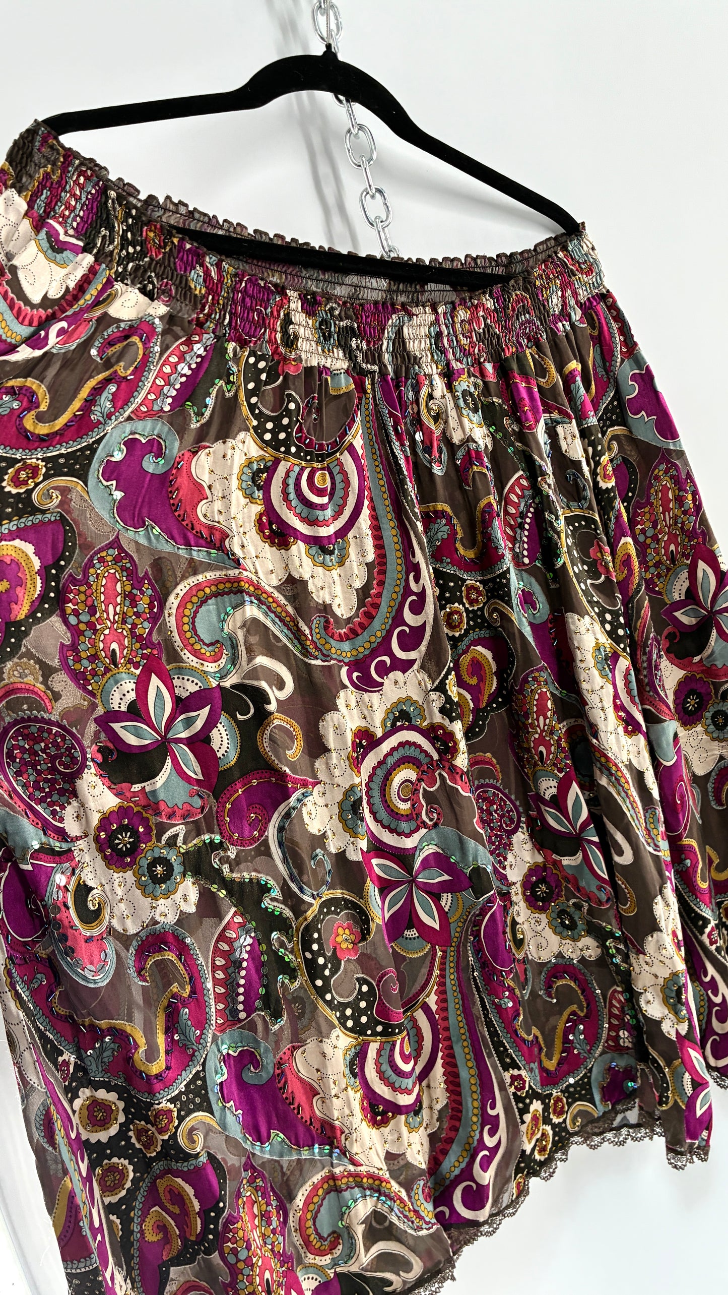 Vintage Italian 1990s 35% Silk Beaded Off the Shoulder Paisley Blouse/Mini Dress with Lace Trim (One Size)