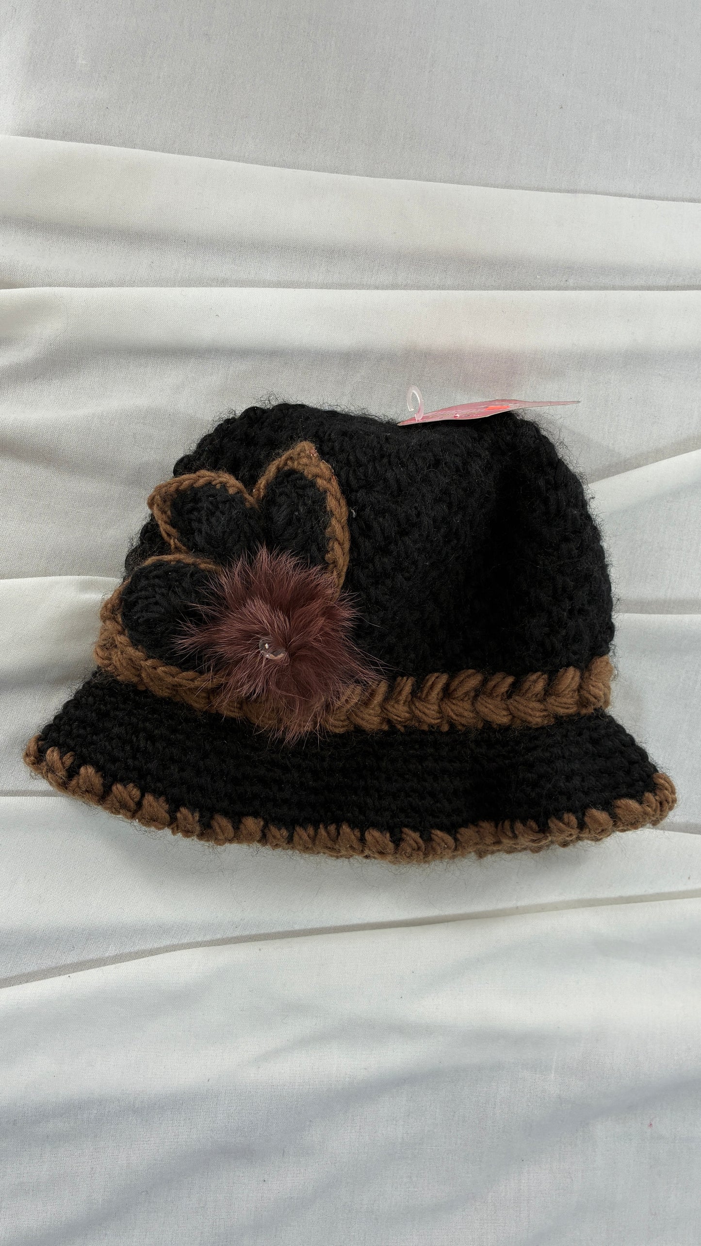 Vintage Knit Lil Bucket Hat with Feathered Floral Appliqué