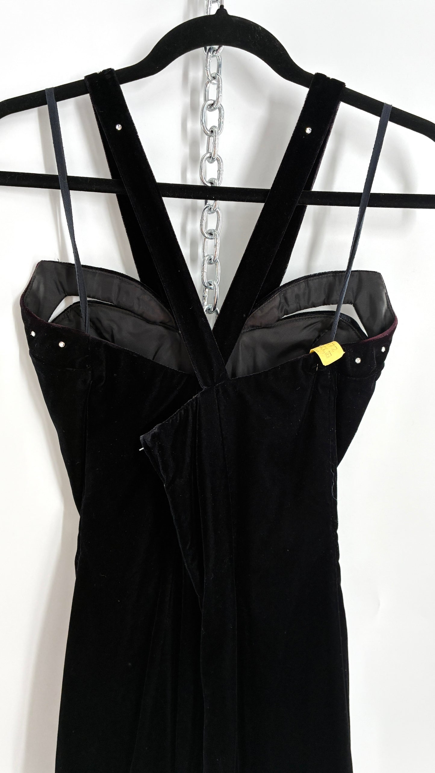 Vintage Handmade Velvet Gown with Pointed Bust Lined in Rhinestones and Dramatic Side Slit (S/M)
