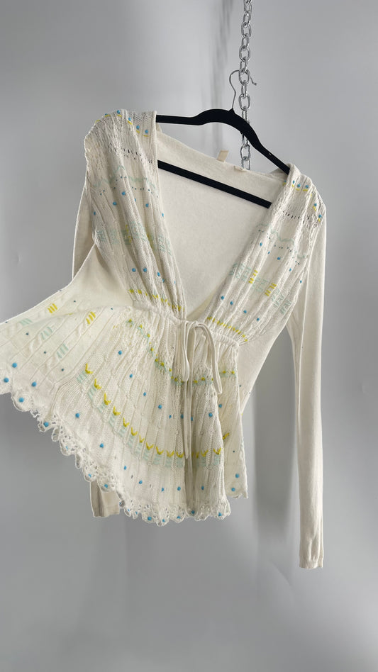 MOTH Anthropologie Beige Knit Tie Bust Sweater with Embroidered Daisies and Delicate Beading (Small)