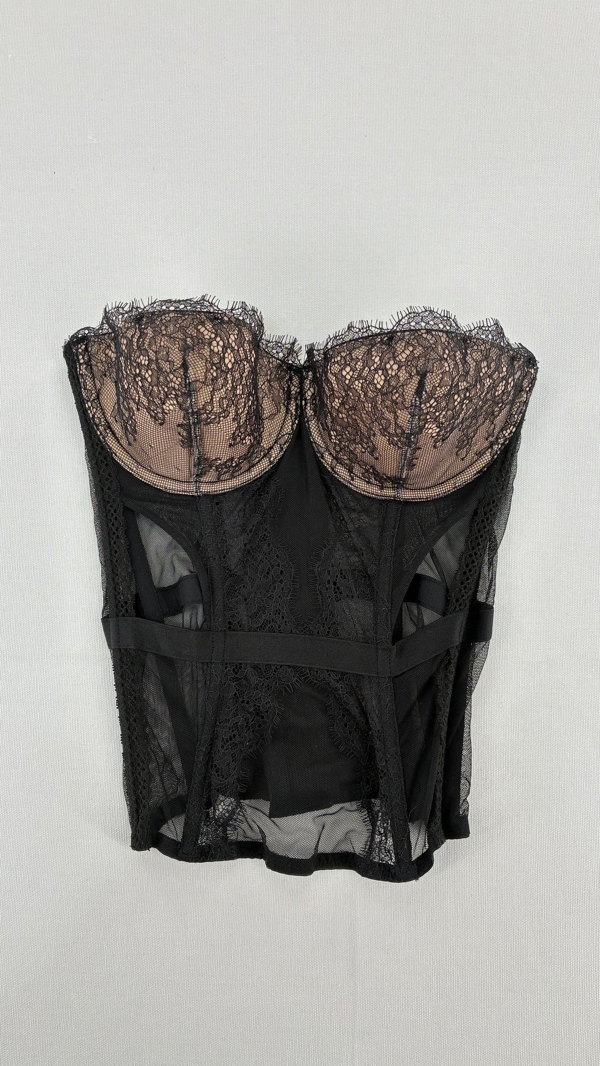 Deadstock Vintage VICTORIA’S SECRET Black Mesh Corset with Nude Cups and Tags Attached (32C)