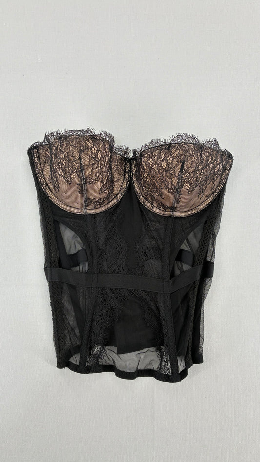 Deadstock Vintage VICTORIA’S SECRET Black Mesh Corset with Nude Cups and Tags Attached (32C)