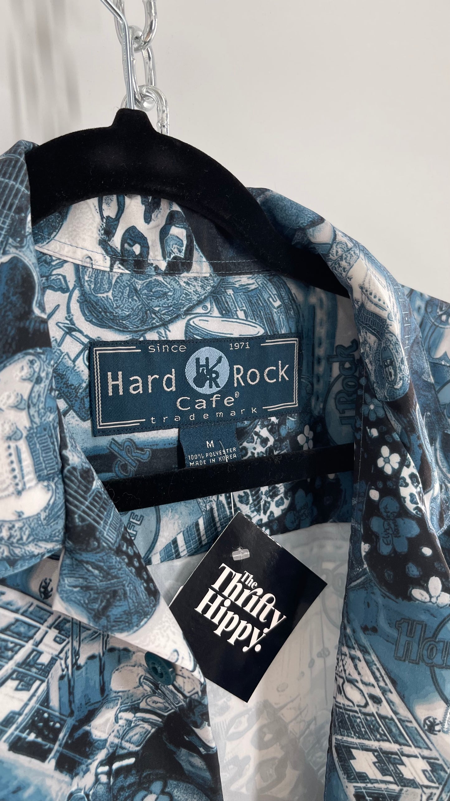 Vintage Hard Rock All Over Graphic Button Up Short Sleeve with Rome Embroidery (Medium)