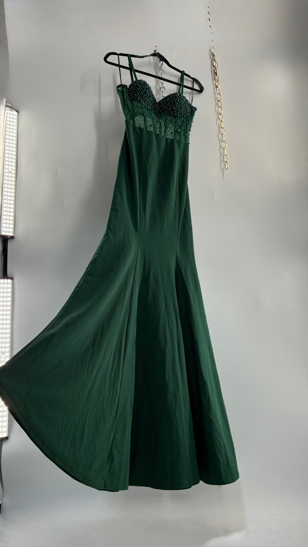 WINDSOR Green Backless Gown with Beaded Corset, Thigh Slit, and Tags Attached (Large)