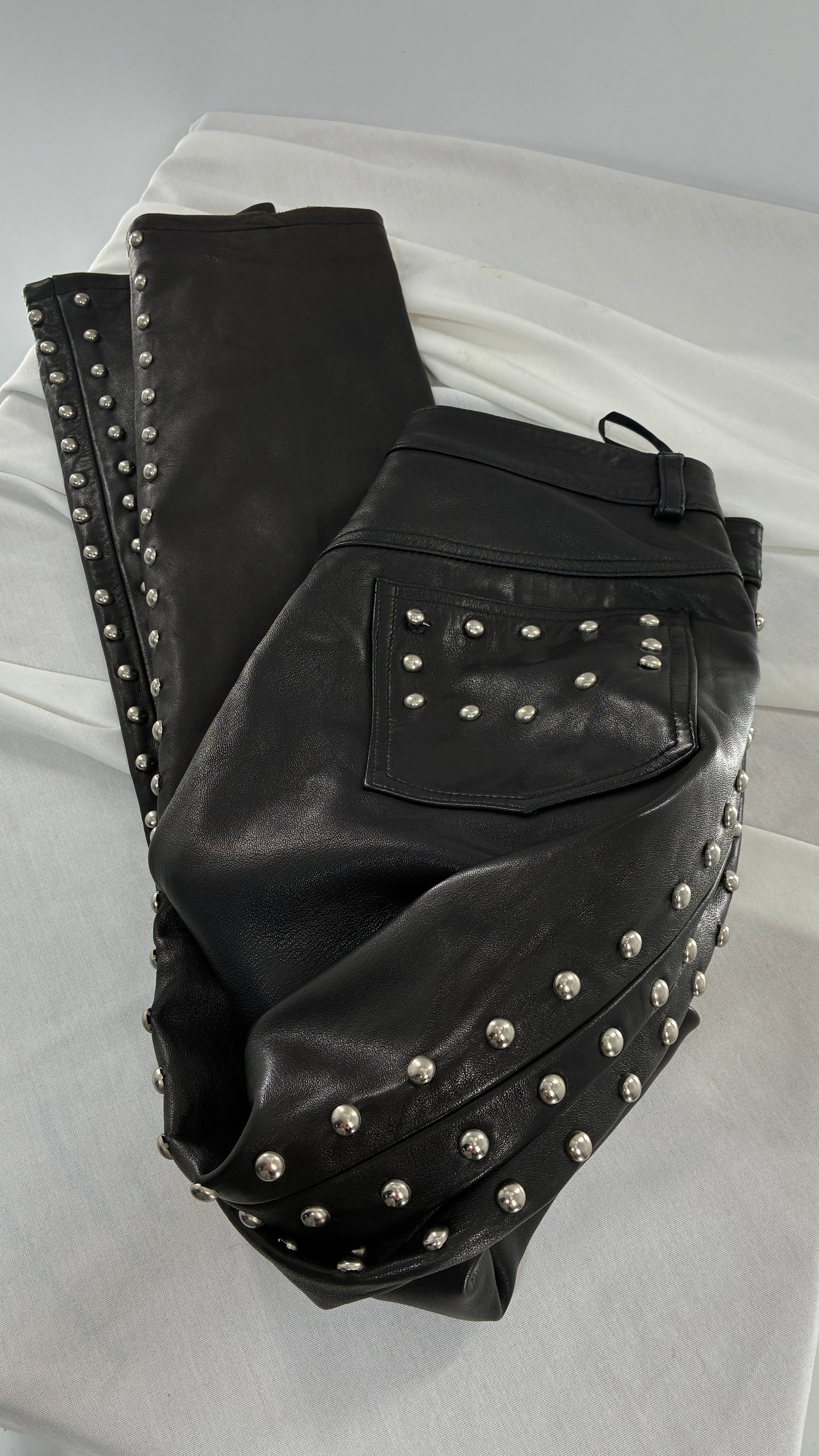 Vintage DKNY Genuine Leather Black Hip to Hem Studded Straight Legs (12)