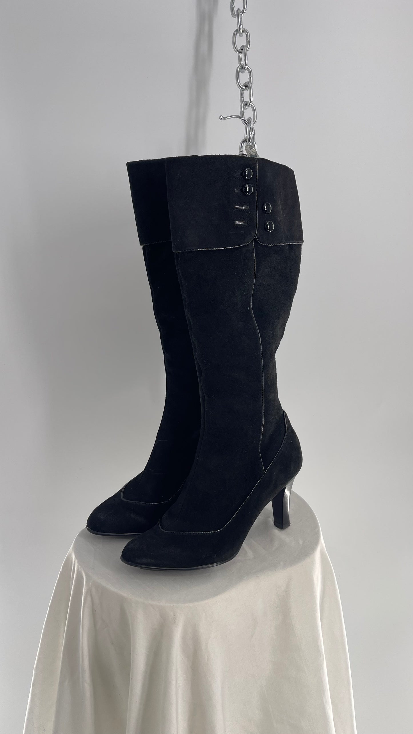 Vintage Soft Black Suede Leather Boots with Piping and Button Details (6)