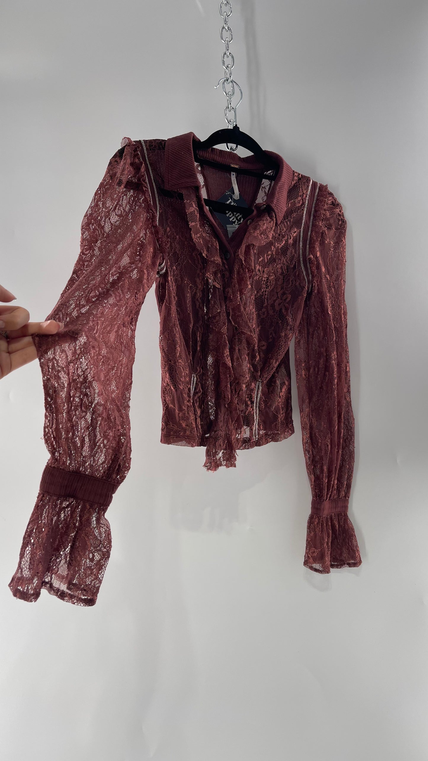 Free People Burgundy Lace Button Front Blouse with Balloon Sleeves and Ruffle Front Detail  (Small)