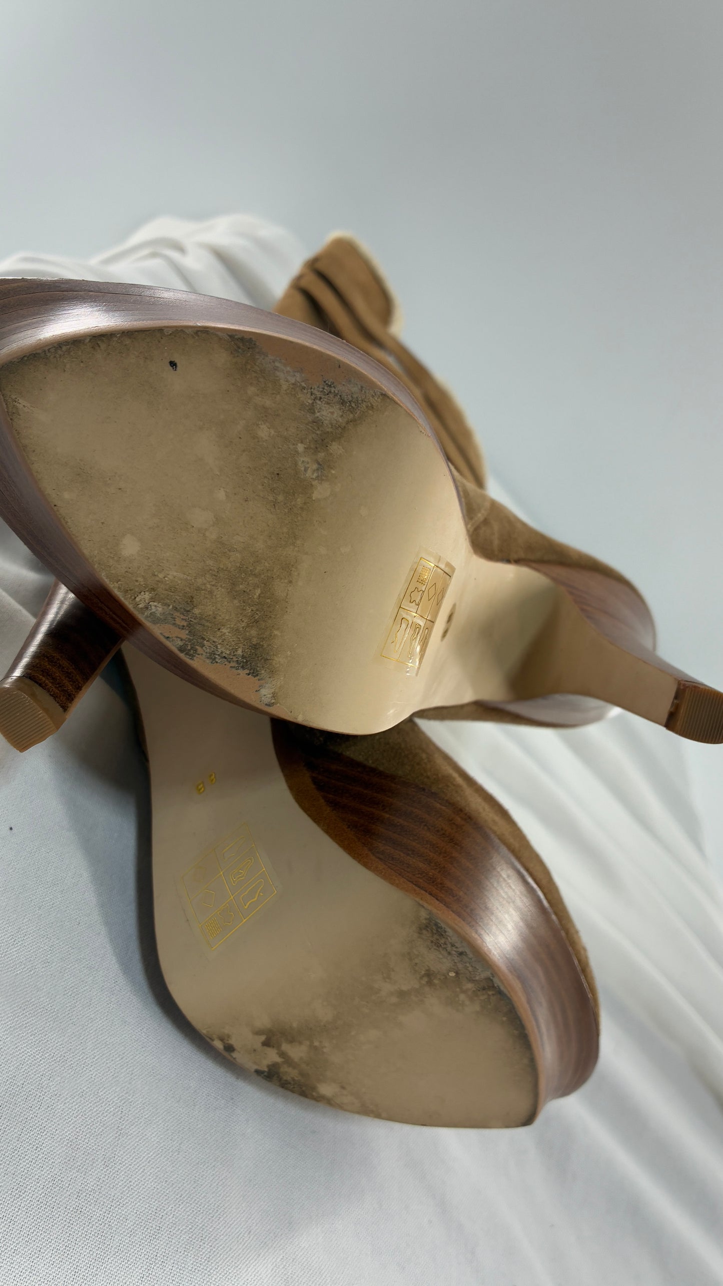 Vintage BEBE Genuine Suede Leather Stiletto, Platform Knee High Boots with Shearling Piping (8B)