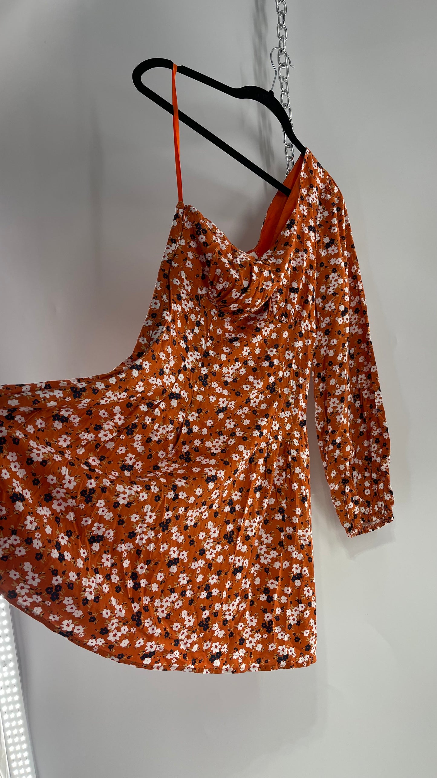 Free People Orange Asymmetric Single Sleeve Flared Out Fall Florals Dress (Small)