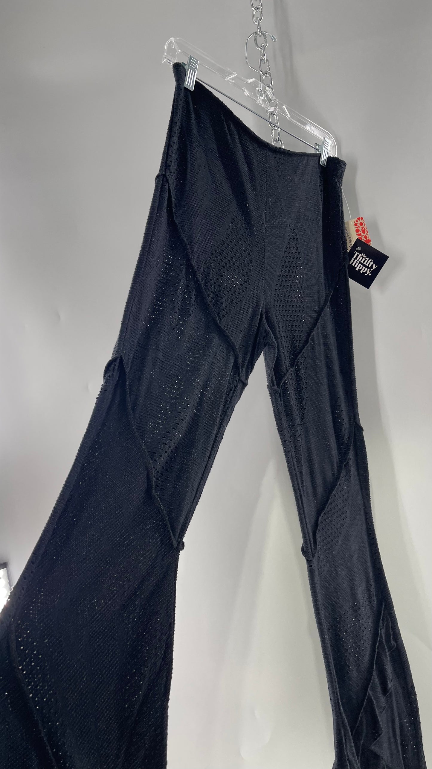 Free People  Black Midnight Grey Mixed Pattern Kickflares with High Low Hem, Exposed Seams and Distressing Tags Attached (Medium)
