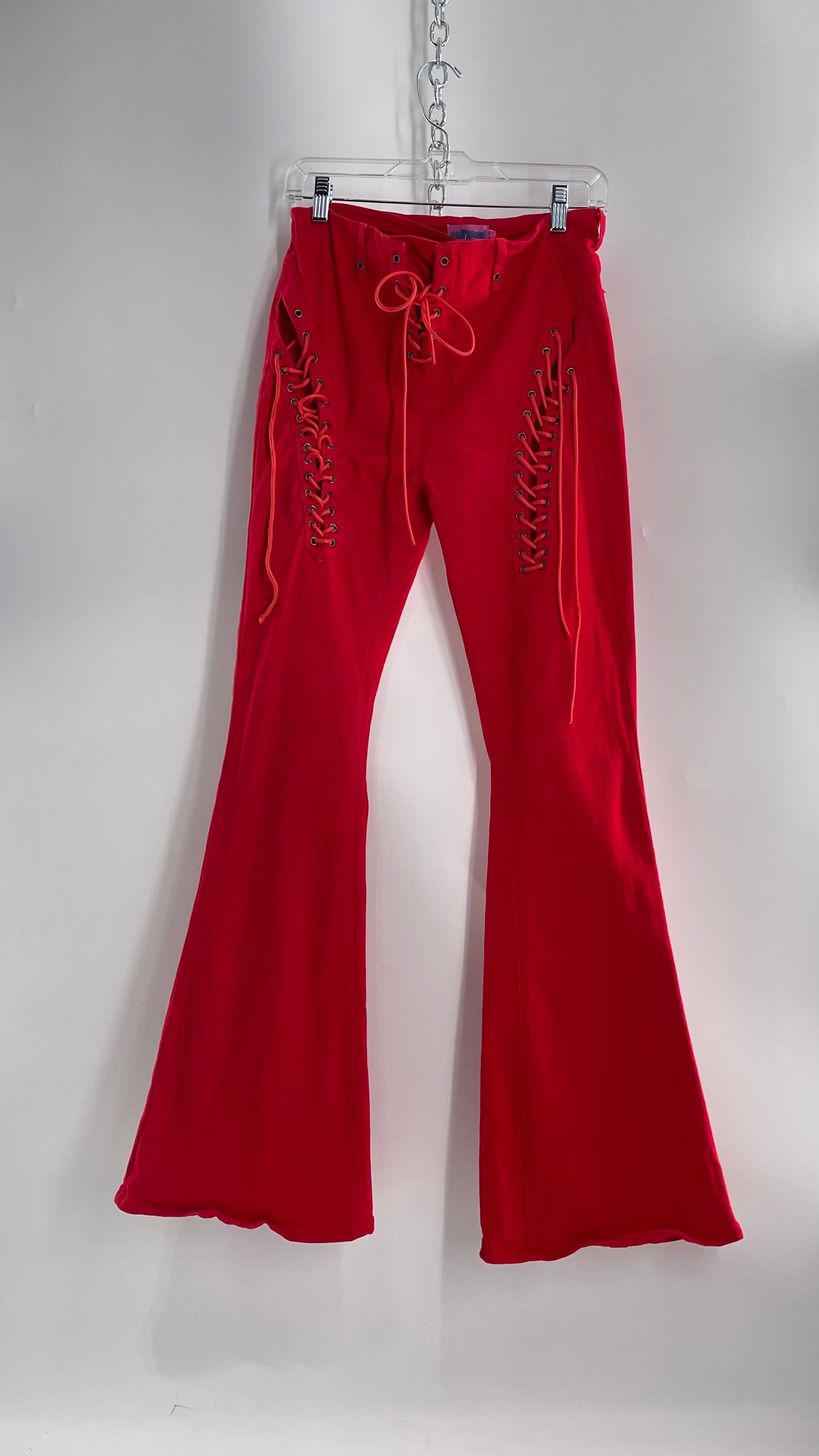 Edikted Rockstar Red Kick Flare Bell Bottoms with Lace Up Thigh and Waistline Detail (Large)