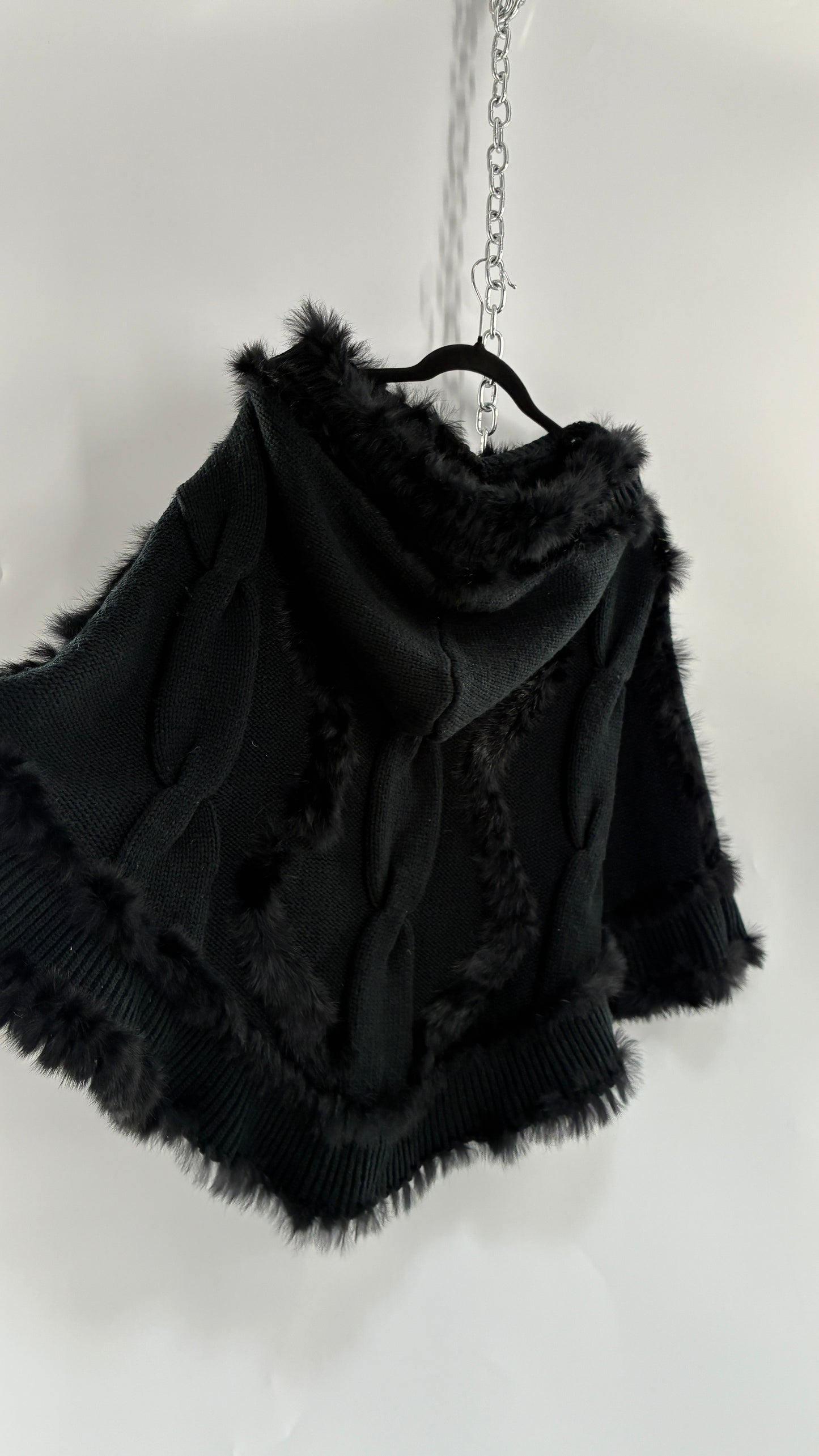 Vintage Black Cable Knit, Hooded Poncho with Genuine Rabbit Fur Trim (One Size)