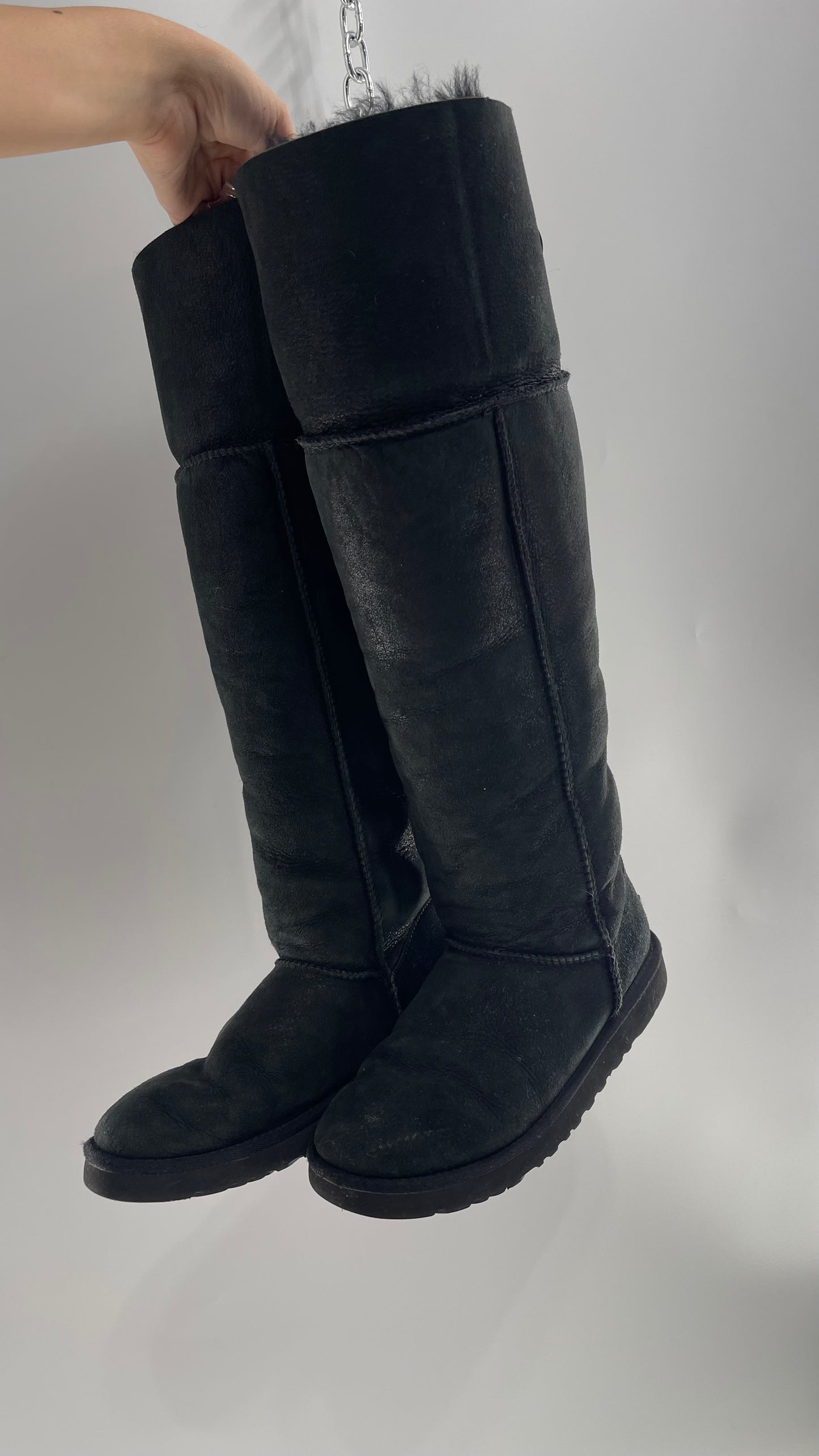 UGG Black Over the Knee, Fur Lined, Metallic Sheen, Bailey Button Leather Boots (7)