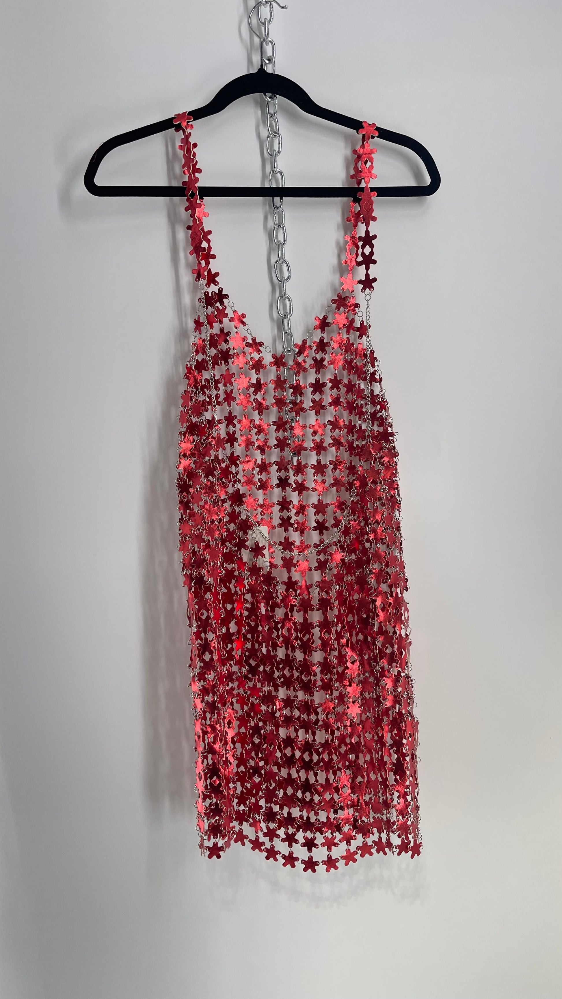 urban outfitters red dress Urban Outfitters Chain Link Metallic Red Star Dress with Open Back – The Thrifty Hippy