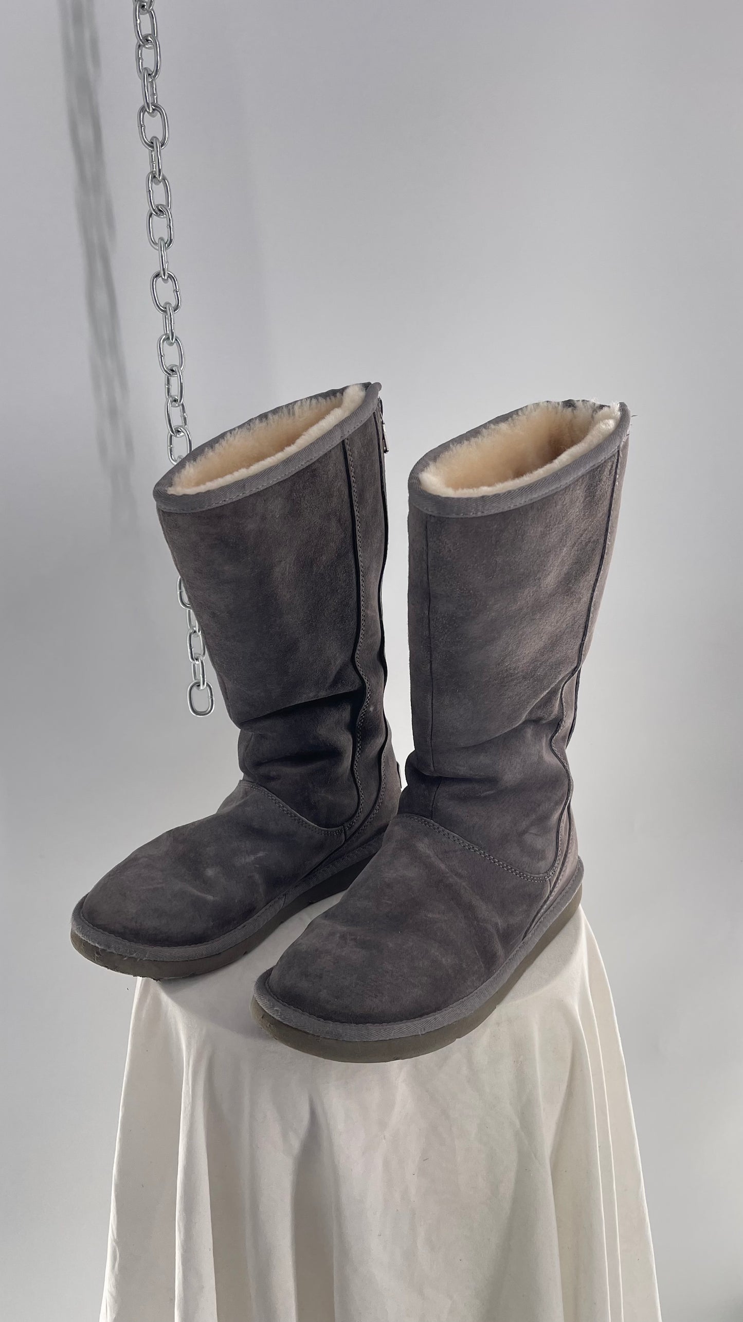 UGG Knightsbridge Tall Sheepskin Grey Suede Leather Fur Lined Boots (8)