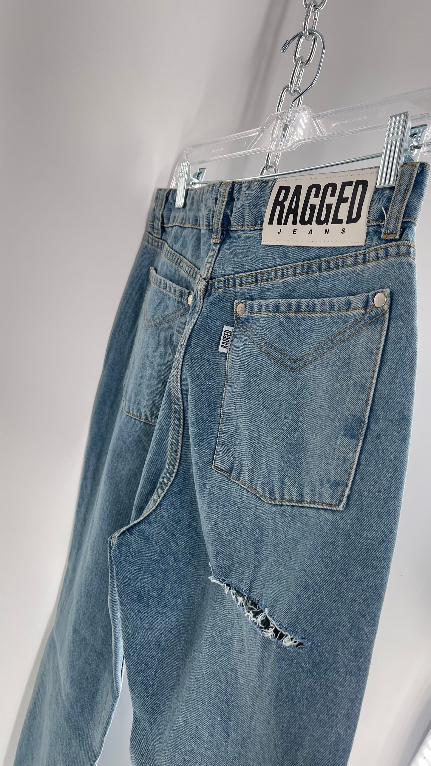 RAGGED PRIEST Free People Light Wash High Waisted Mom Jeans with Bum Tear with Tags Attached (30)