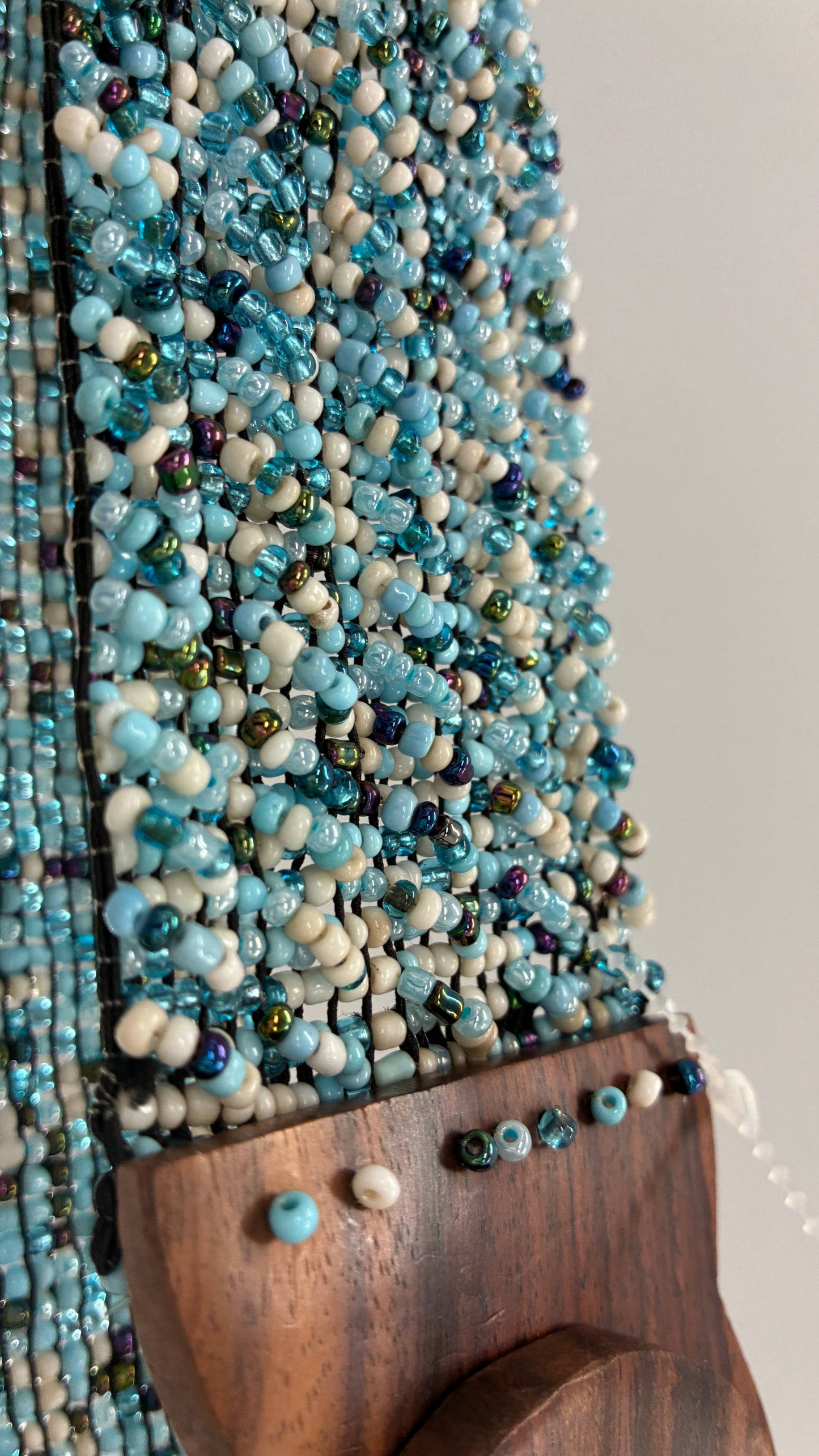 Vintage Wide Blue Beaded Hip Belt with Chunky Wooden Buckle