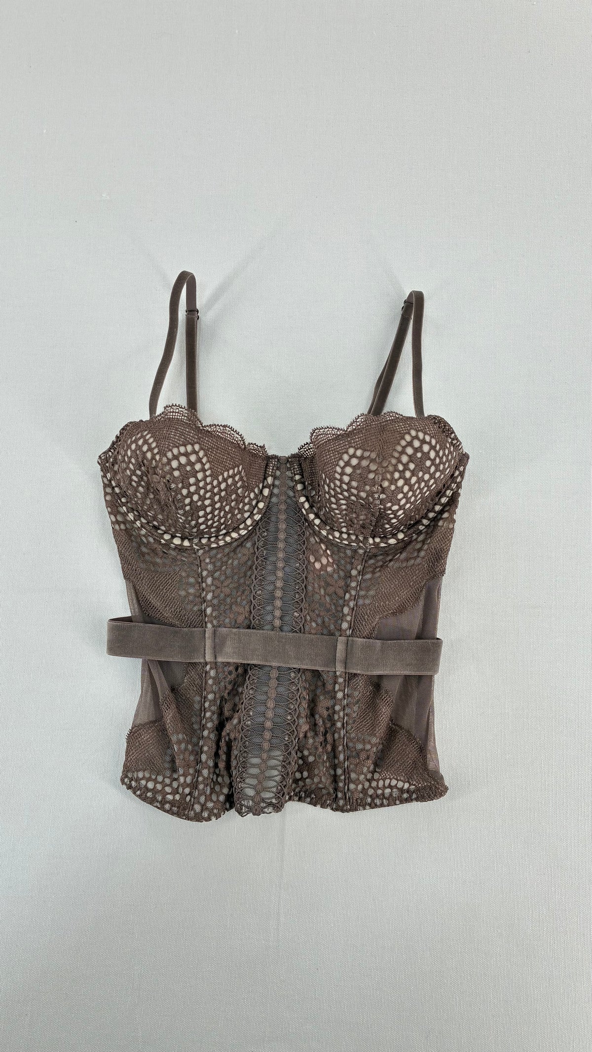 Vintage VICTORIA’S SECRET Taupe Lace Corset with Velour Belting and Tags Attached (32C)