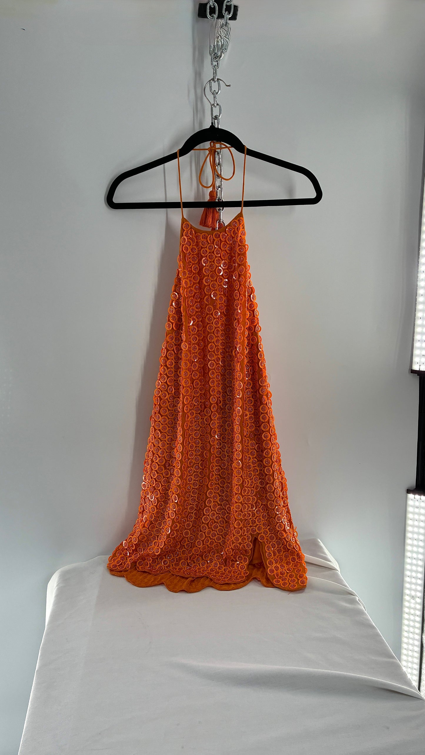 X by NBD Orange Backless Halter Mini Dress with Scalloped Hem, Covered in Beads and Sequins (Medium)