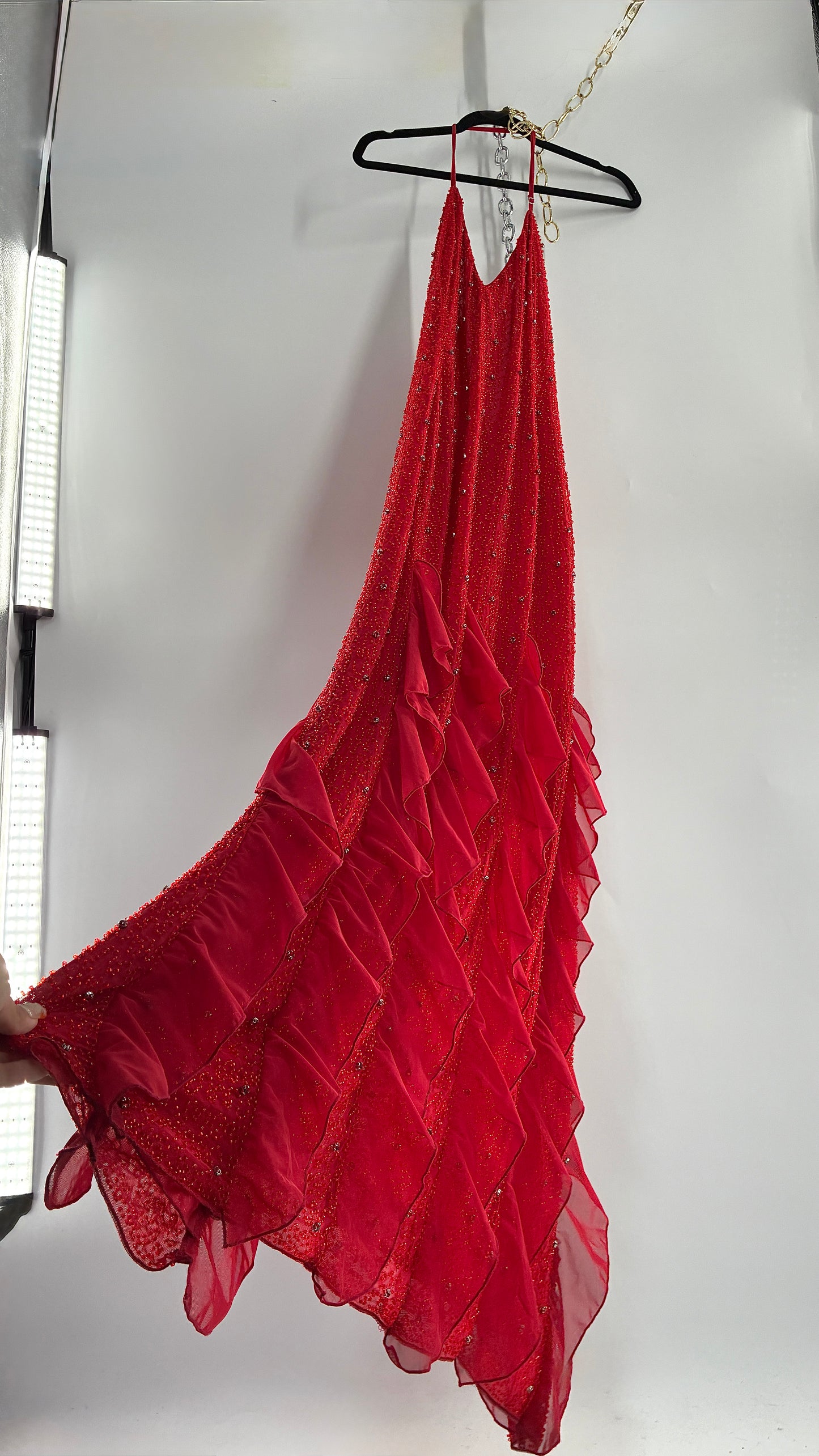 OH POLLY Red Beaded Gown with Ruffled Detailing NWOT (14)