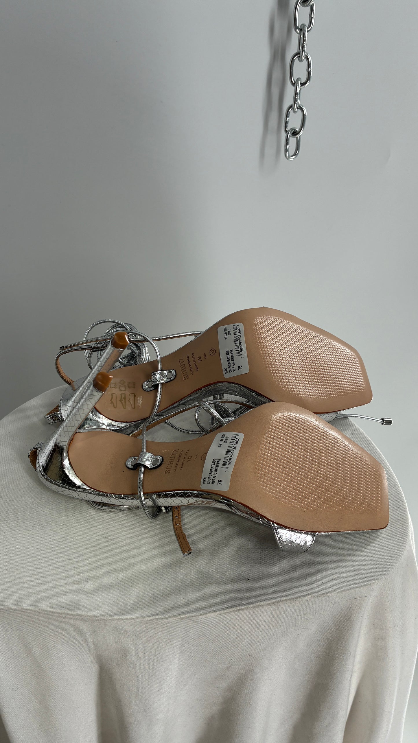 SCHÜTZ Silver Angular Tie Up Heels with Mirror Toe Detail (7)