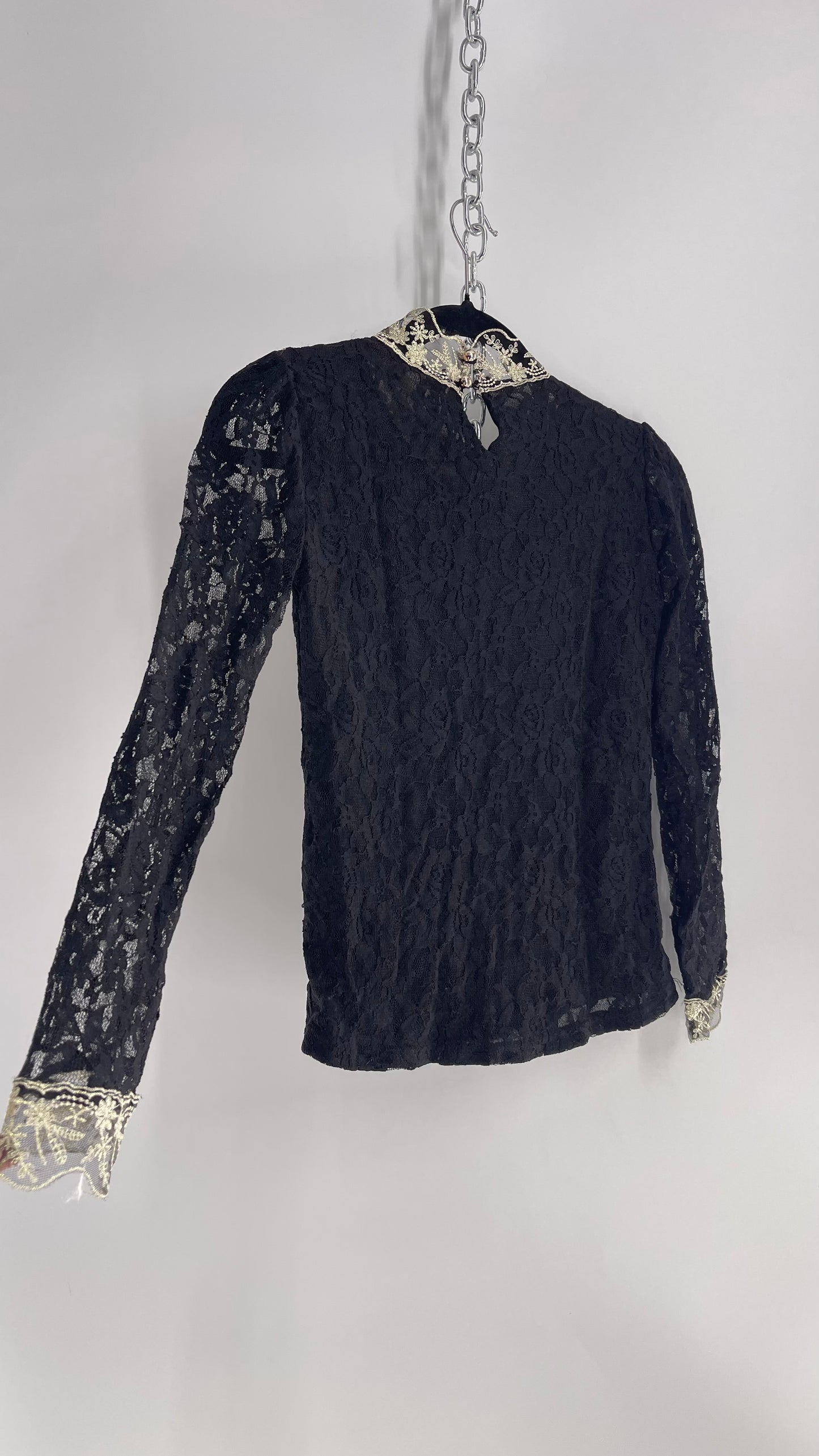 Biexiu Vintage Black Lace Semi Sheer Blouse with Ivory Gold Beaded Embroidered Neckline (Small)