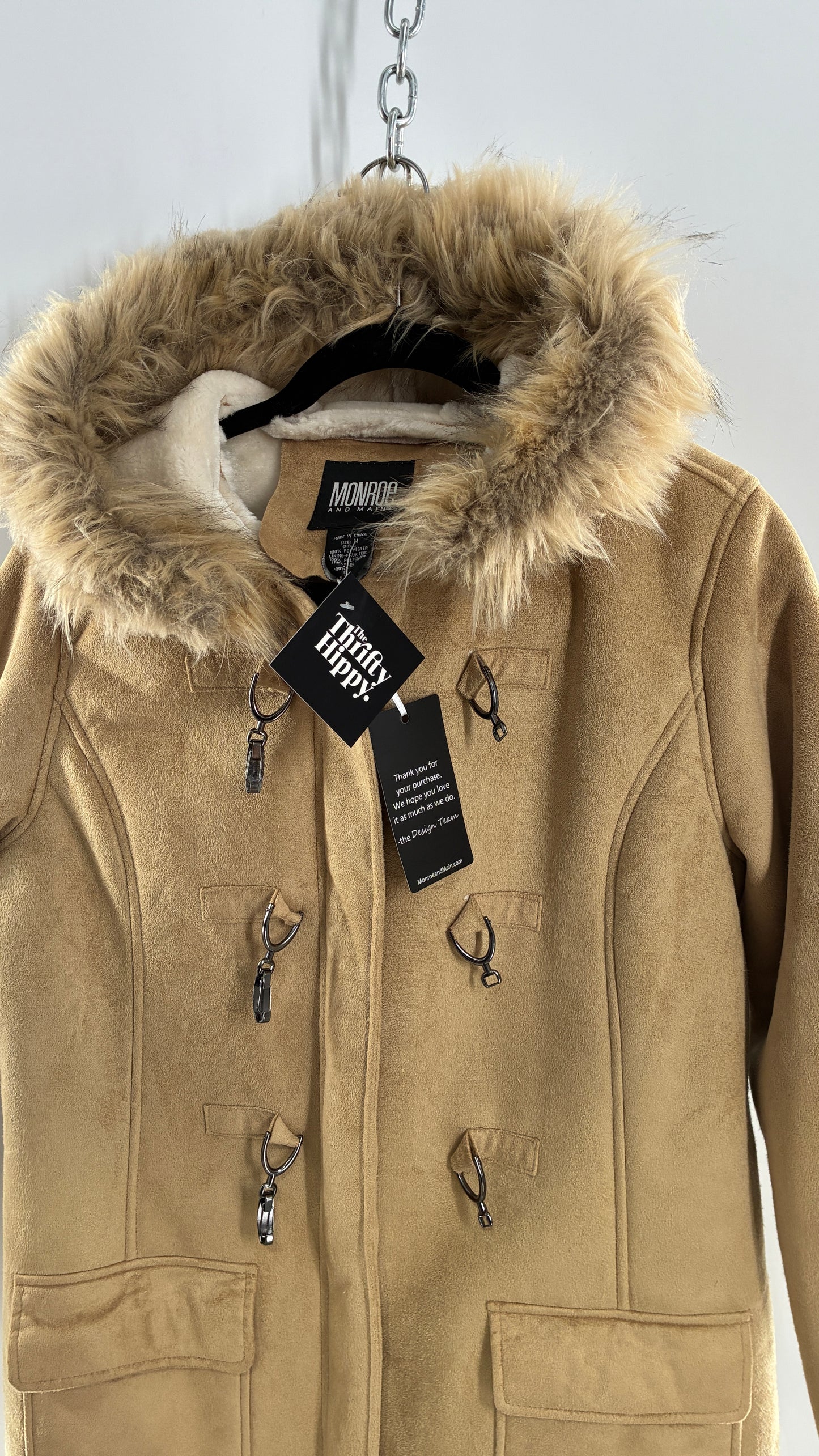 Deadstock Vintage MONROE AND MAIN Vegan Suede Coat with Fur Cuffs and Hood, Tags Attached (Medium)