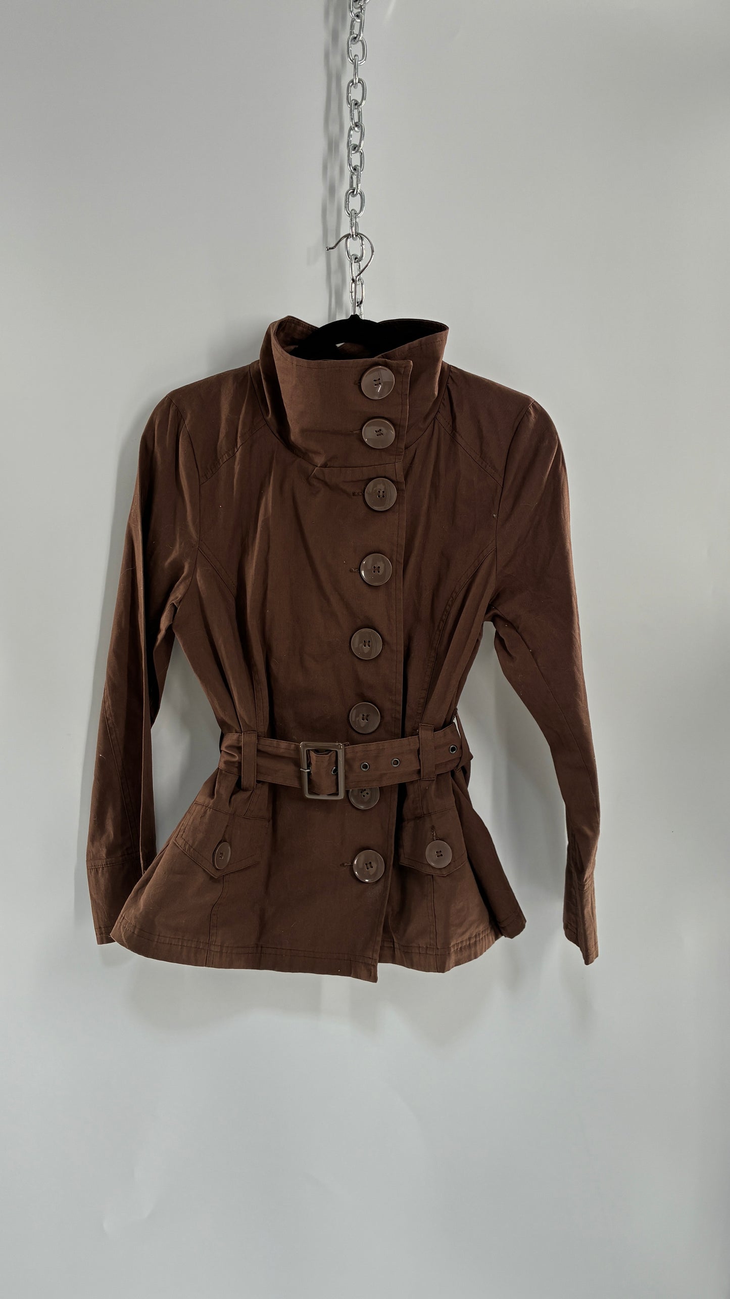 Vintage LAST KISS Brown Belted Trench Jacket with Pipe Neck and Oversized Buttons (Medium)