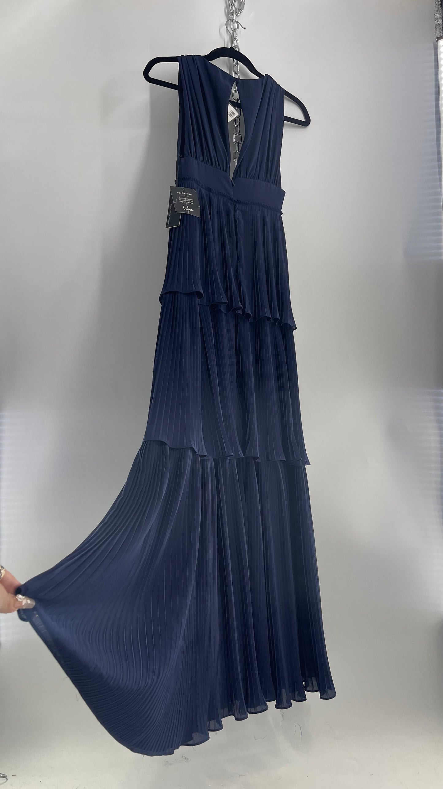 Lulu*s Pleated Navy Blue Floor Length Gown with Three Tiers and Tags Attached (XS)