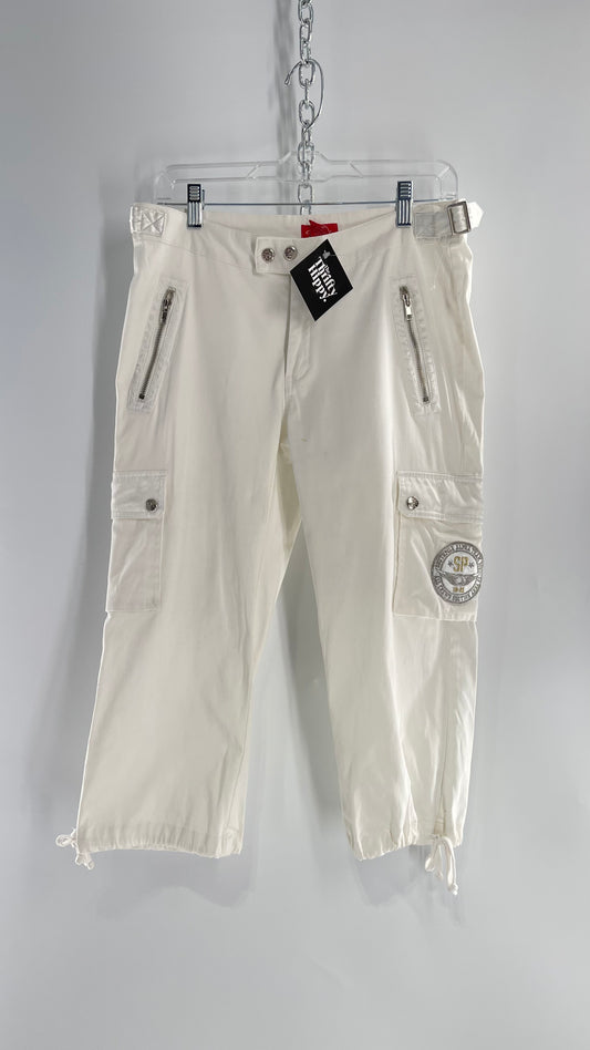 Vintage 1990s South Pole White Capri with Zippers, Silver Hardware, Satin Detailing and Patches (9)