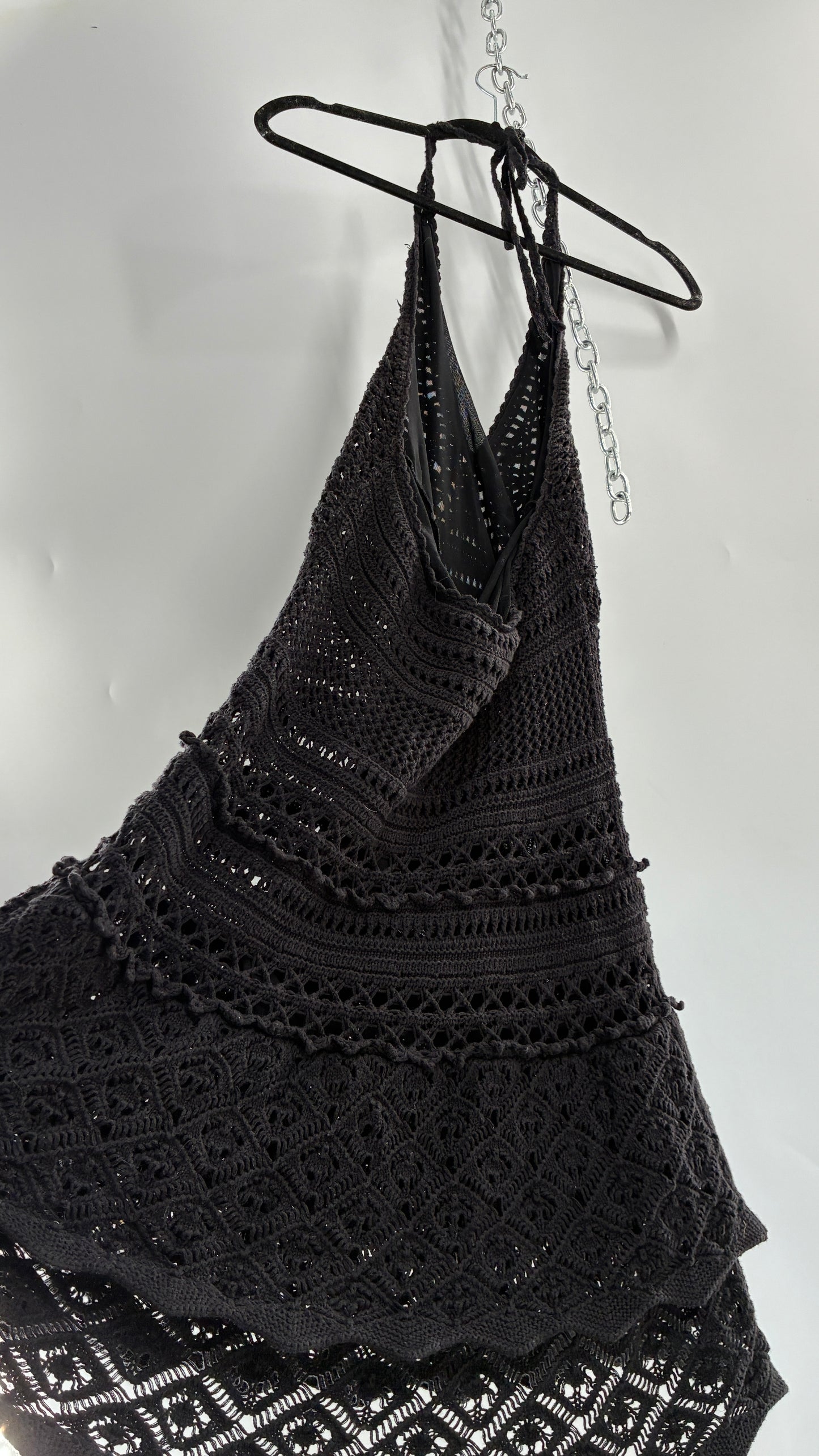 Vintage MODA INTERNATIONAL Black 100% Cotton Crochet Mini Halter Dress with Ruffled Skirt (Medium)