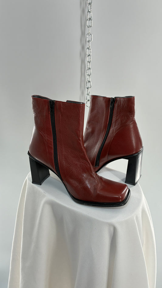 Vintage APARATUS BOOTS Red Genuine Leather Square Toe, Square Heel Boots with Purple Sole (38)
