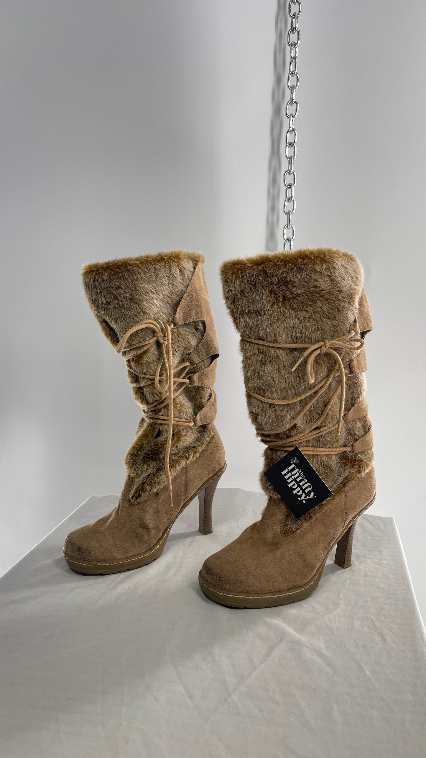 Vintage Round Toe Faux Fur Booties with Tie Up Details (7.5)